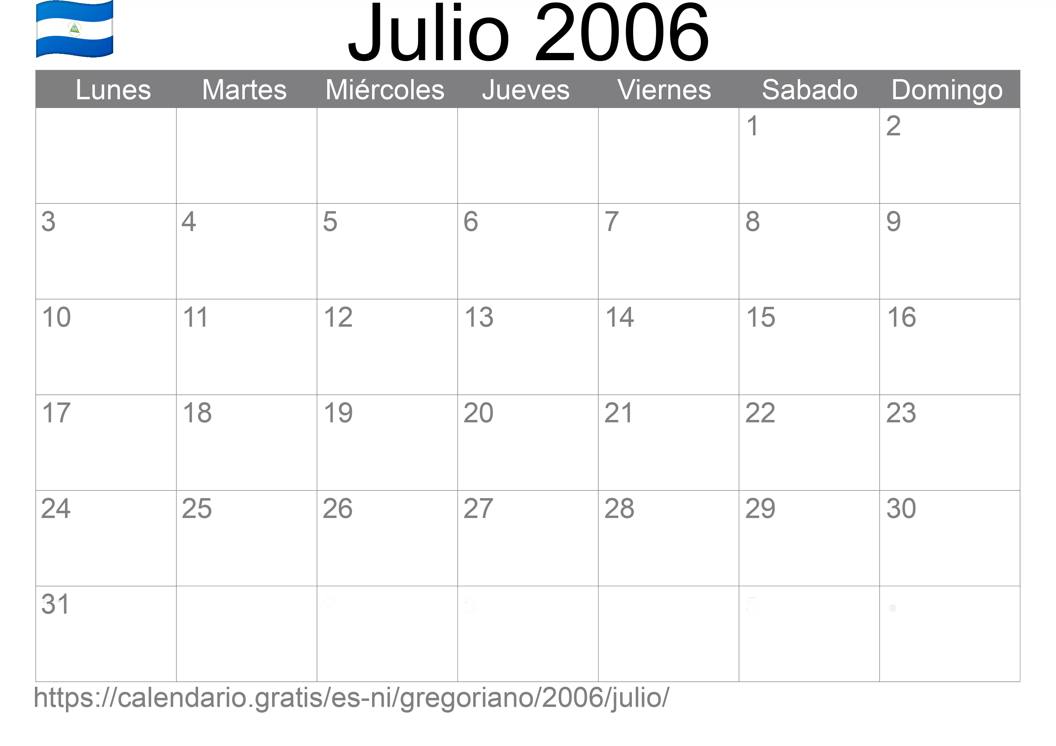 Calendario Julio 2006 para imprimir (Nicaragua)
