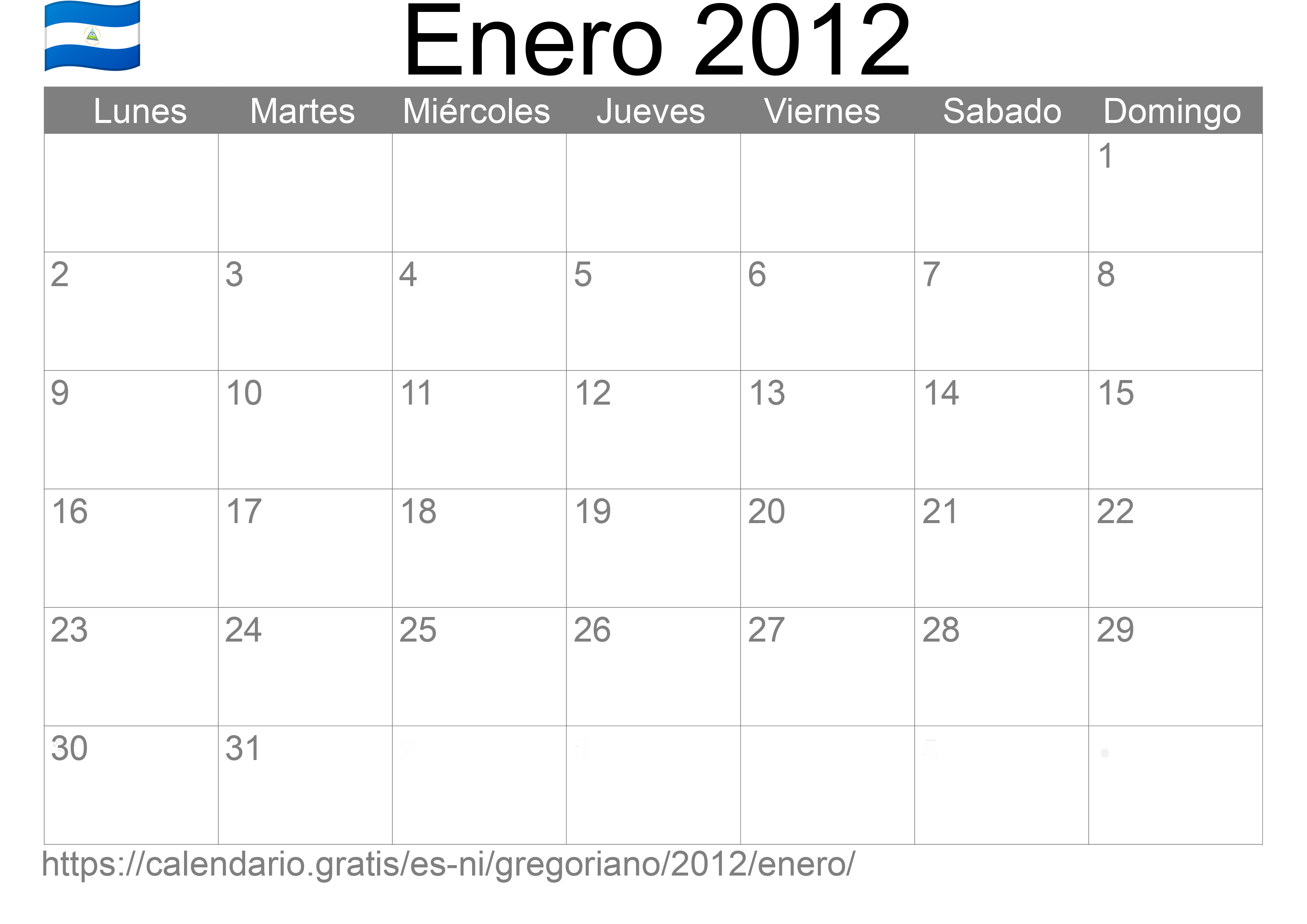 Calendario Enero 2012 para imprimir