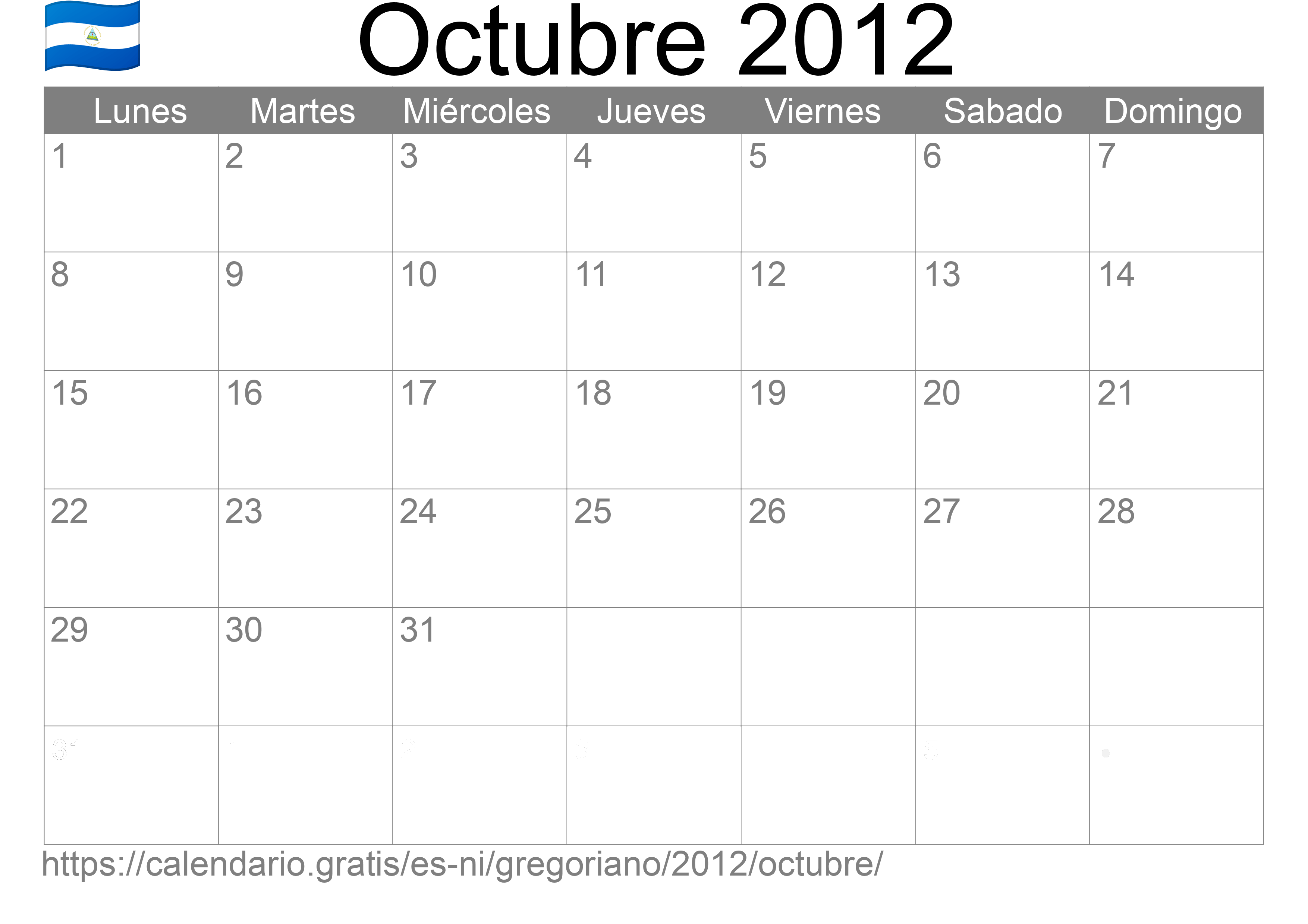 Calendario Octubre 2012 para imprimir