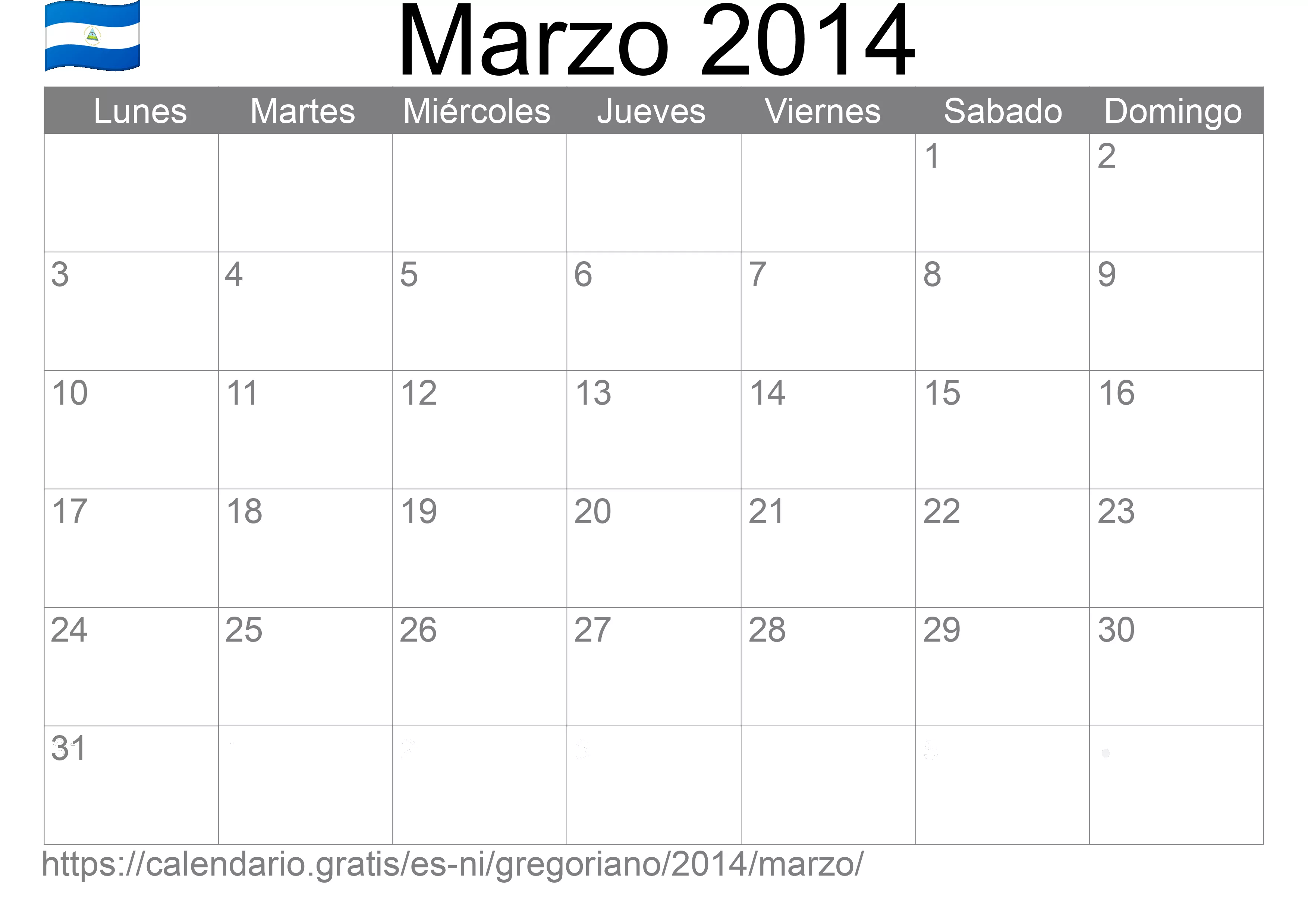 Calendario Marzo 2014 para imprimir (Nicaragua)