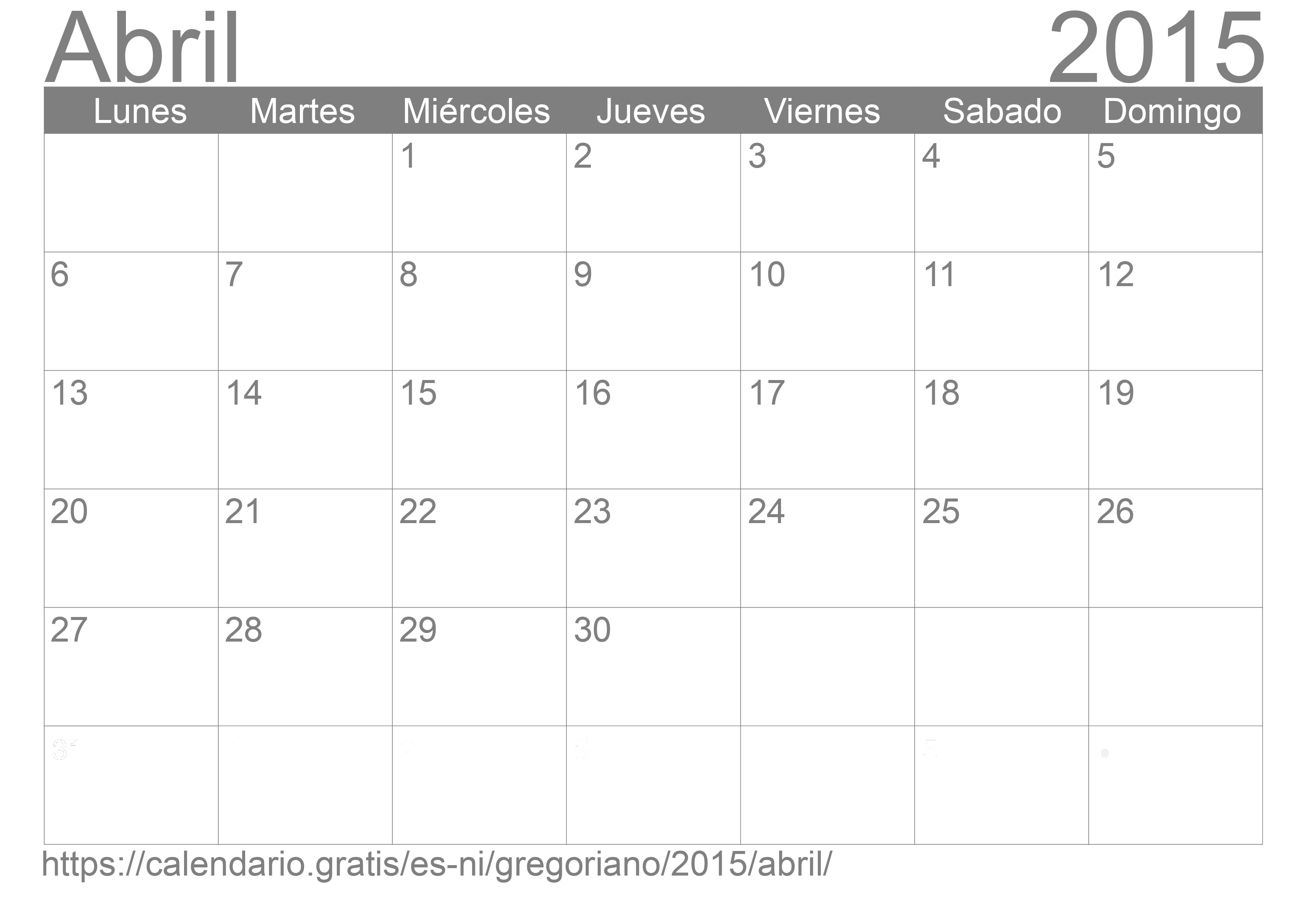 Calendario Abril 2015 para imprimir