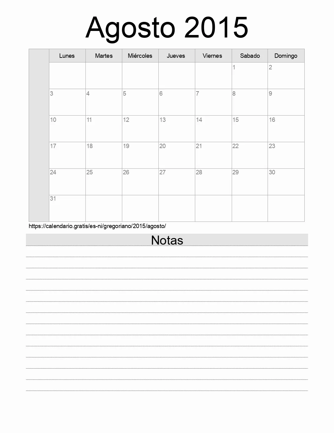 Calendario Agosto 2015 para imprimir con notas. (Nicaragua)