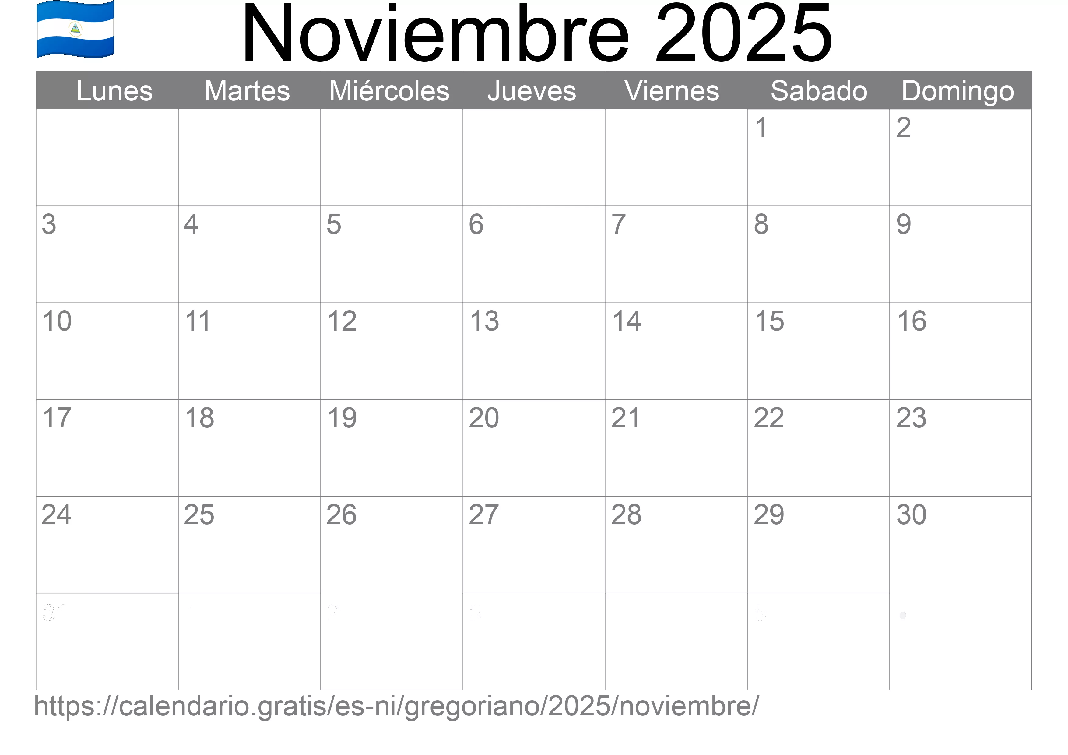 Calendario Noviembre 2025 para imprimir (Nicaragua) Calendario Noviembre 2025 para imprimir (Nicaragua)
