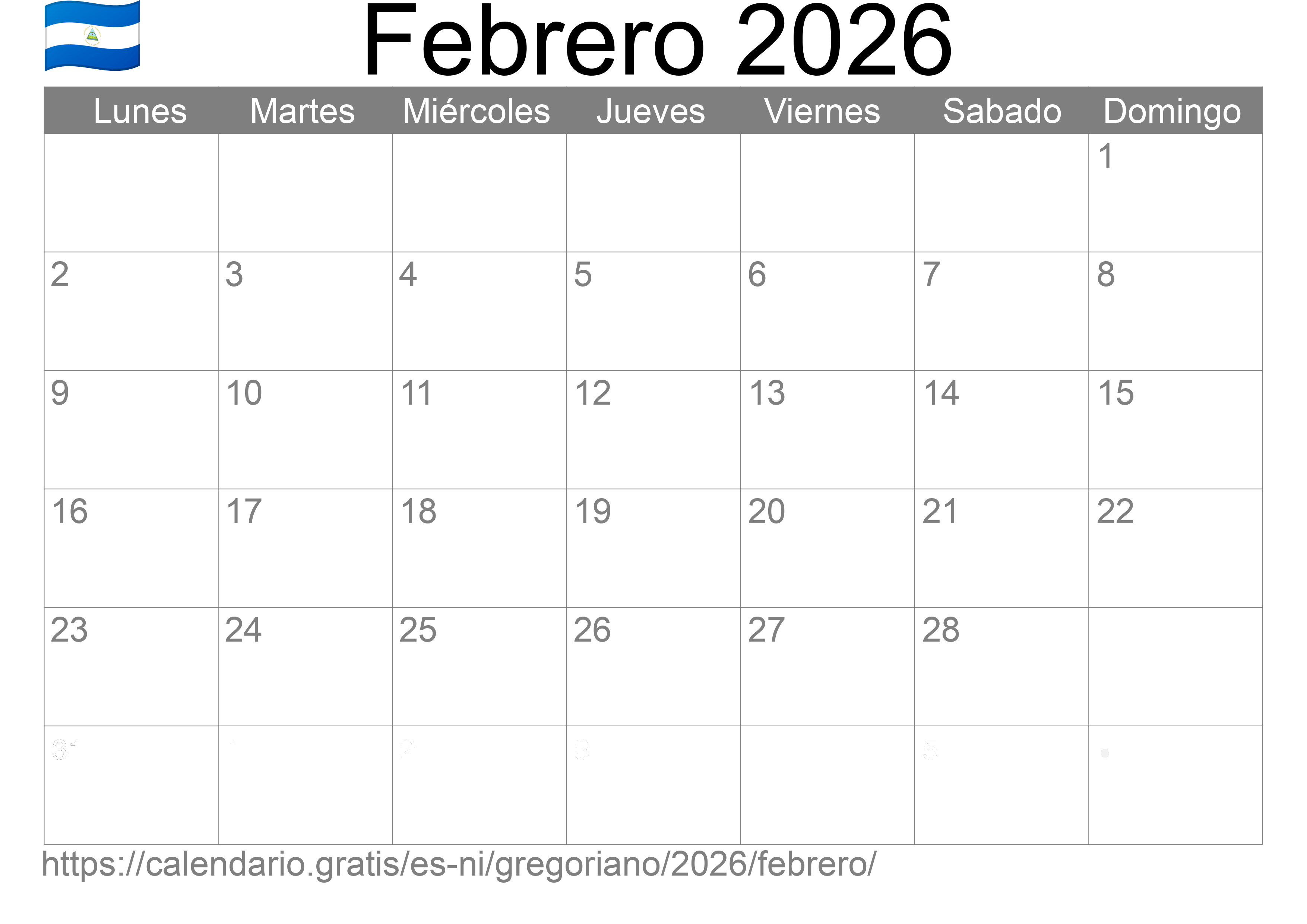 Calendario Febrero 2026 para imprimir