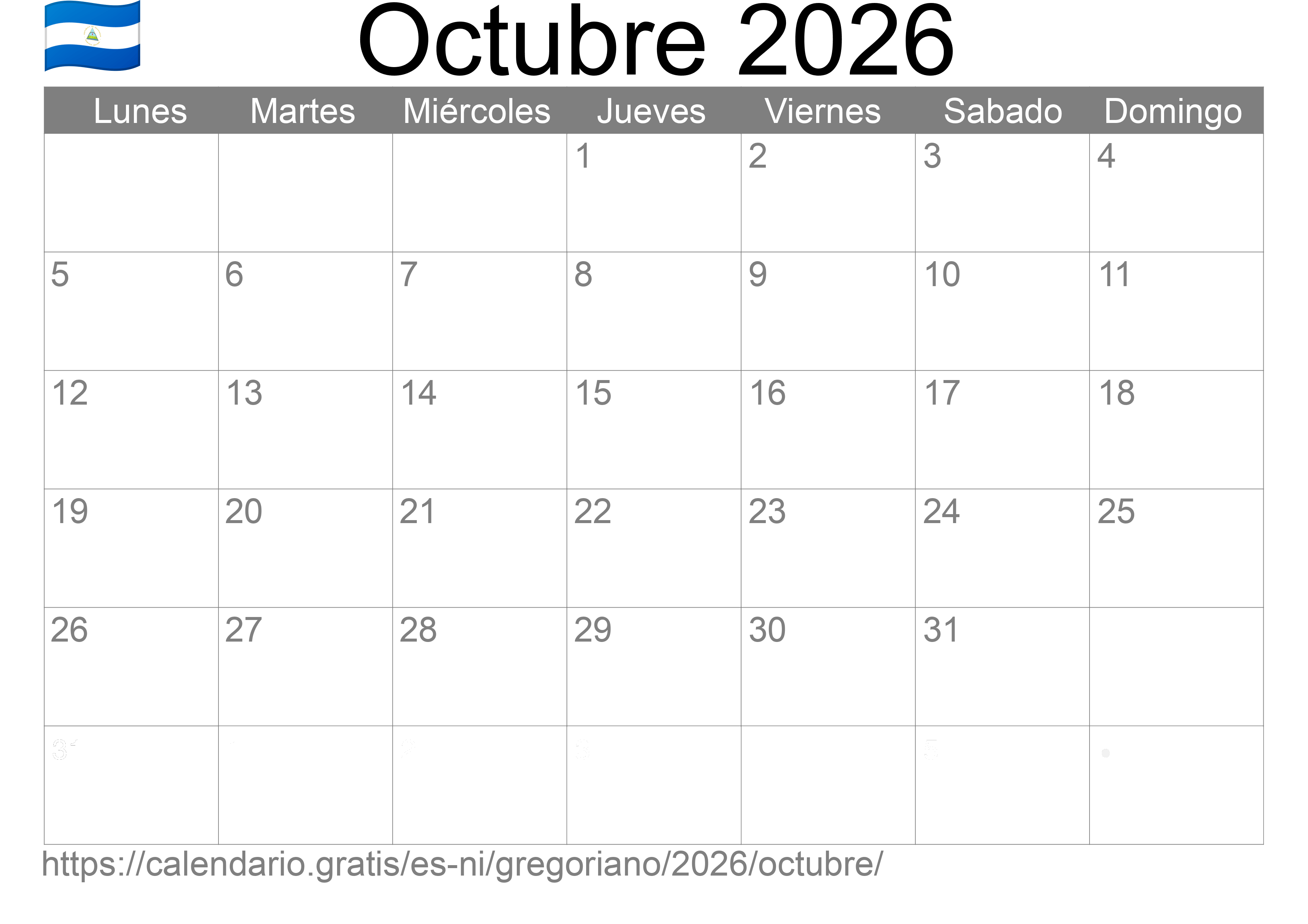 Calendario Octubre 2026 para imprimir