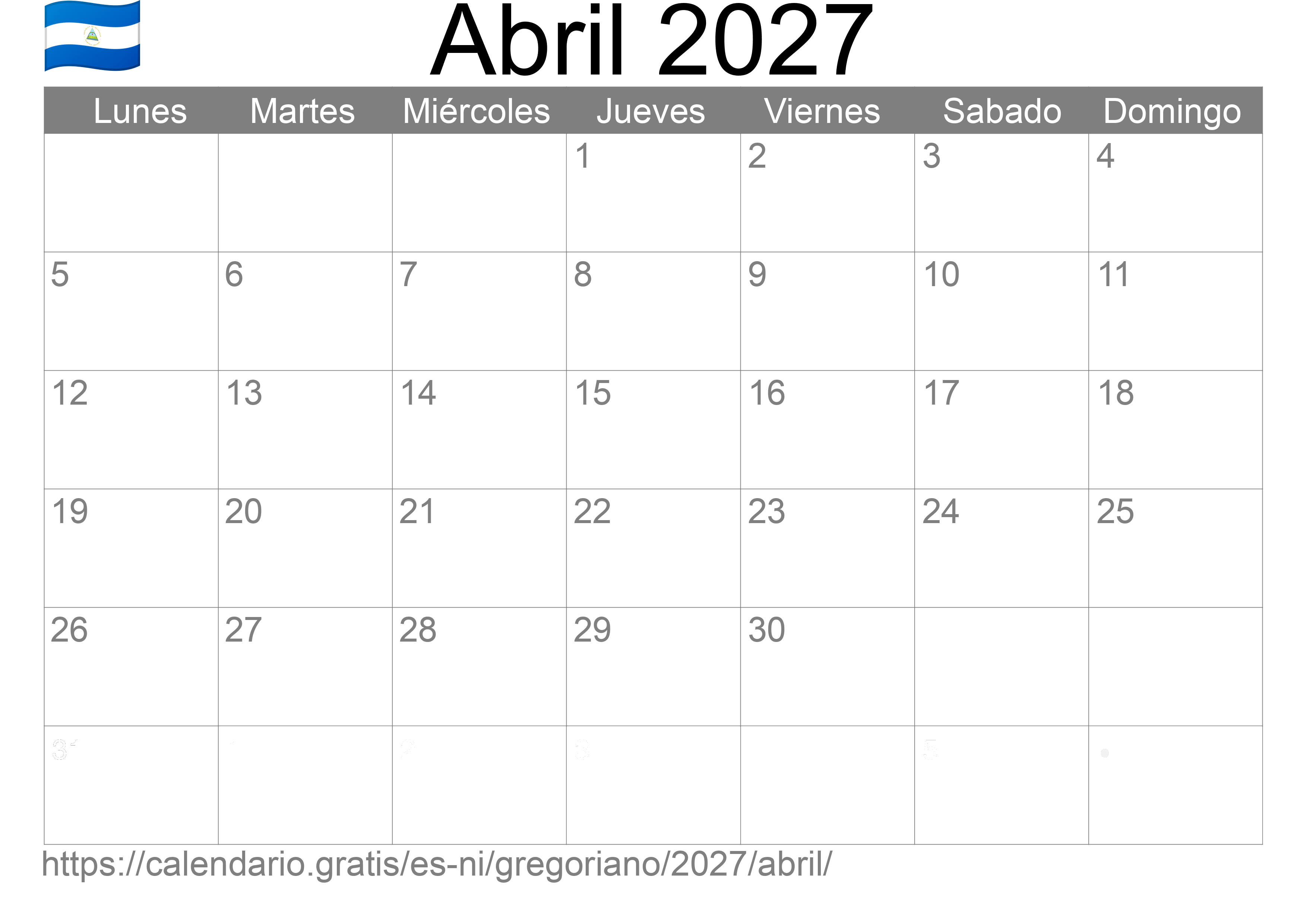 Calendario Abril 2027 para imprimir