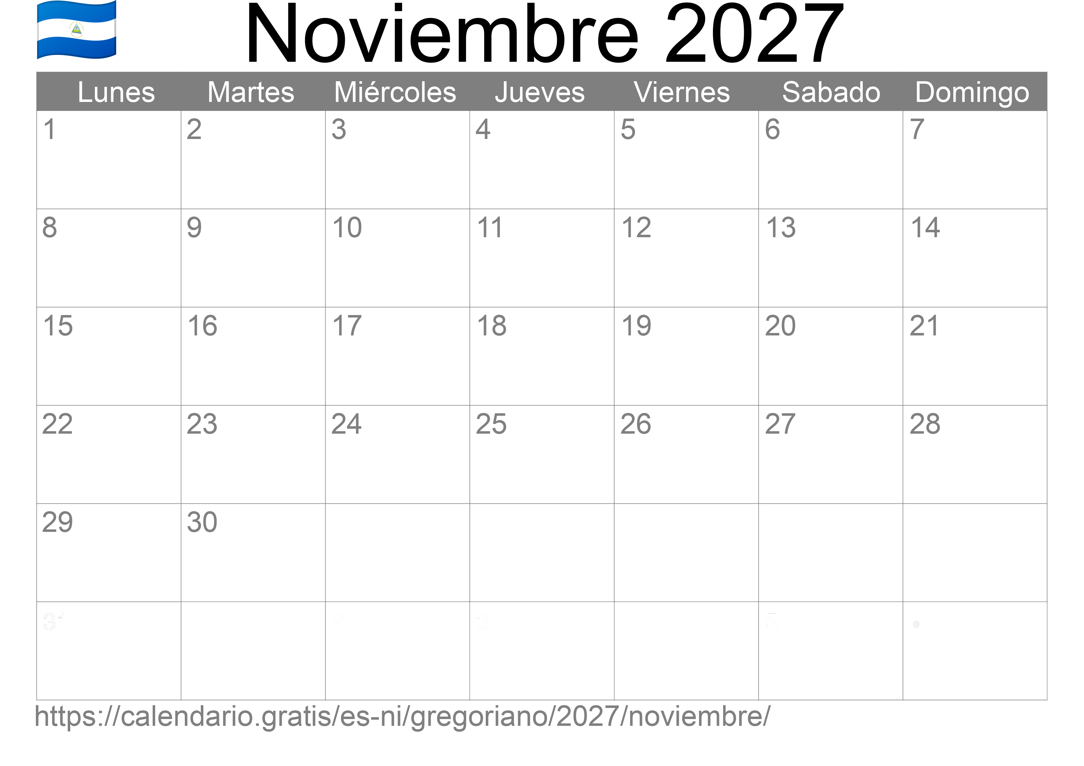 Calendario Noviembre 2027 para imprimir