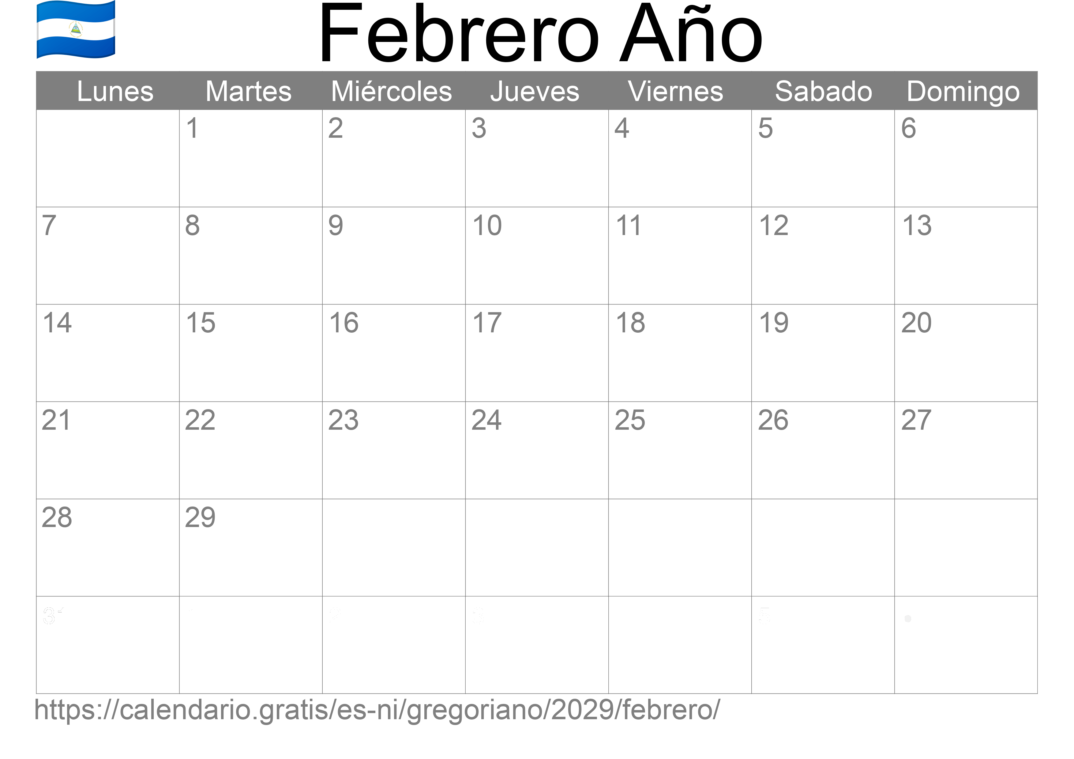 Calendario Febrero 2029 para imprimir