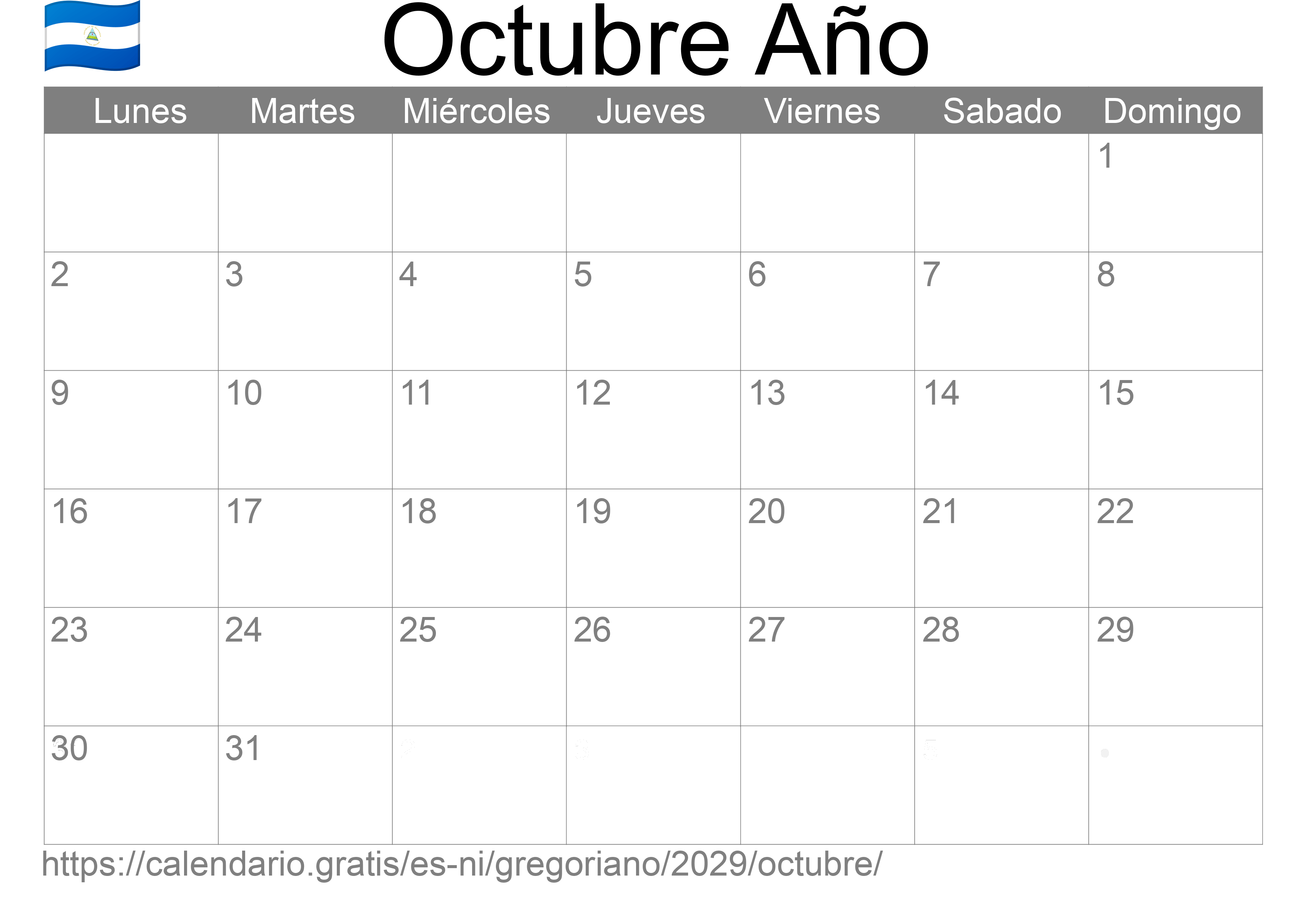 Calendario Octubre 2029 para imprimir