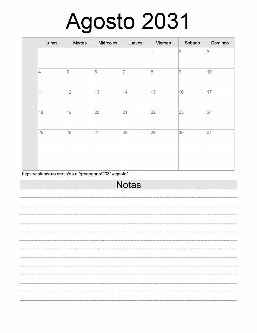 Calendario Agosto 2031 para imprimir con notas. (Nicaragua)