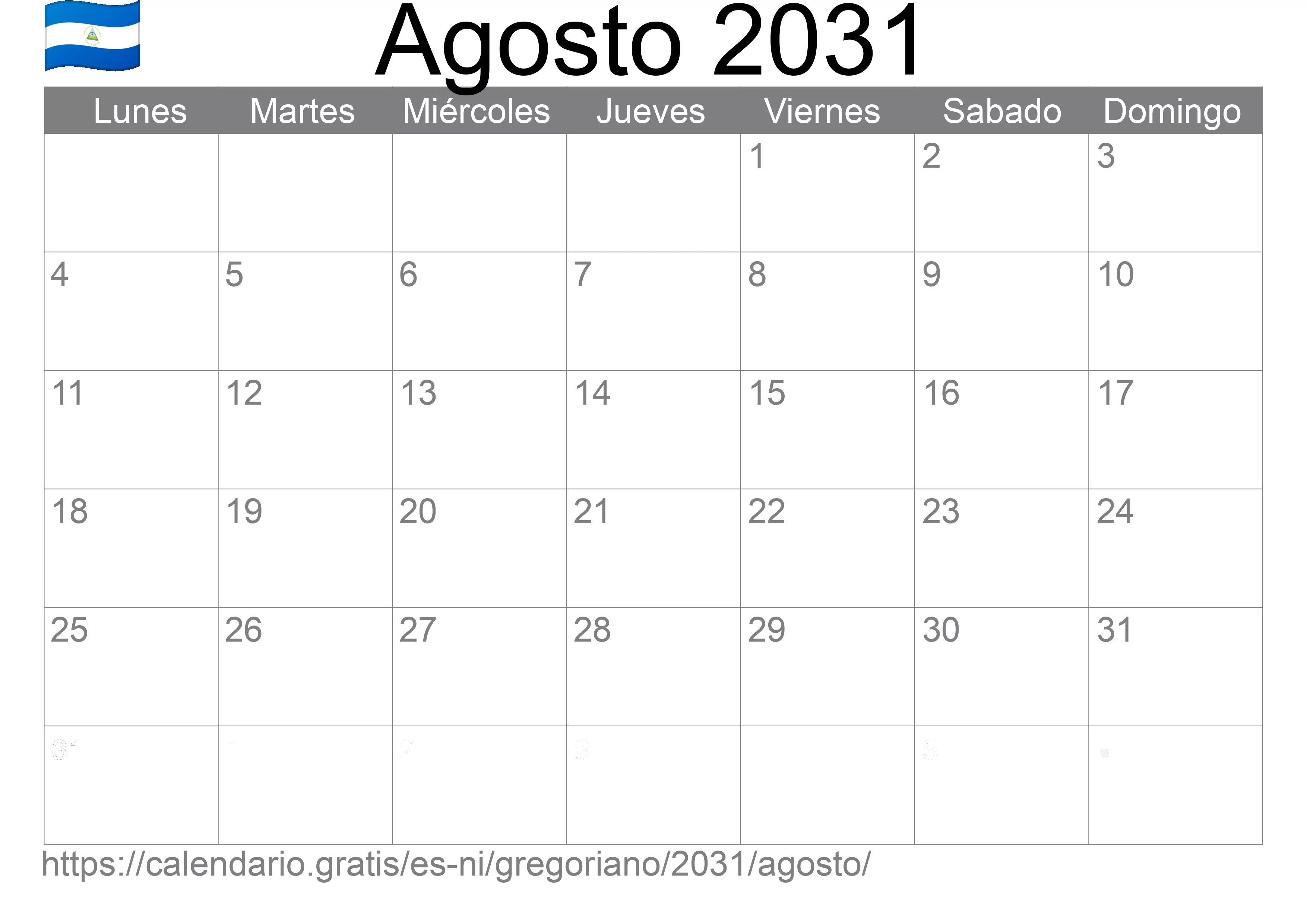 Calendario Agosto 2031 para imprimir (Nicaragua)