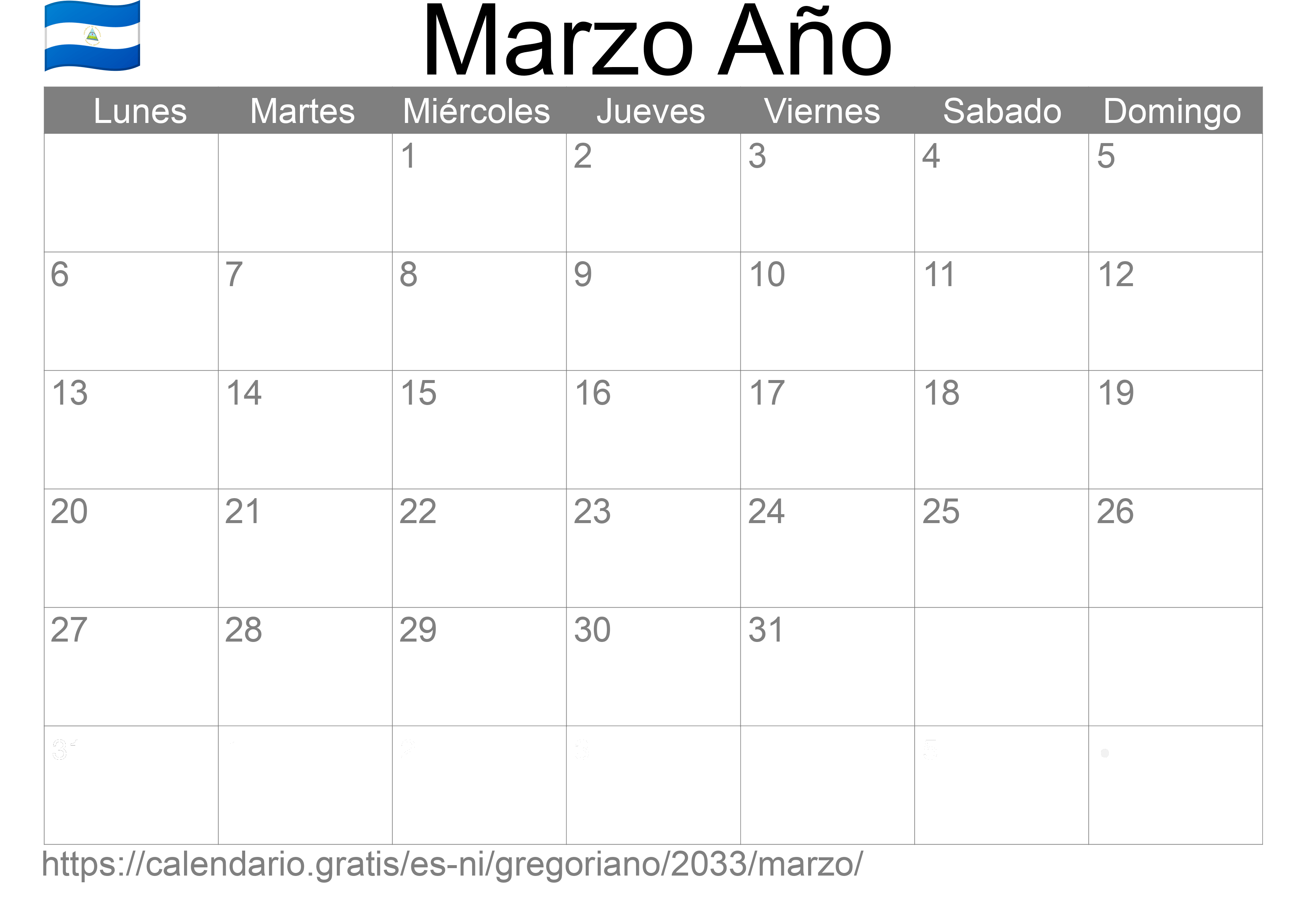 Calendario Marzo 2033 para imprimir