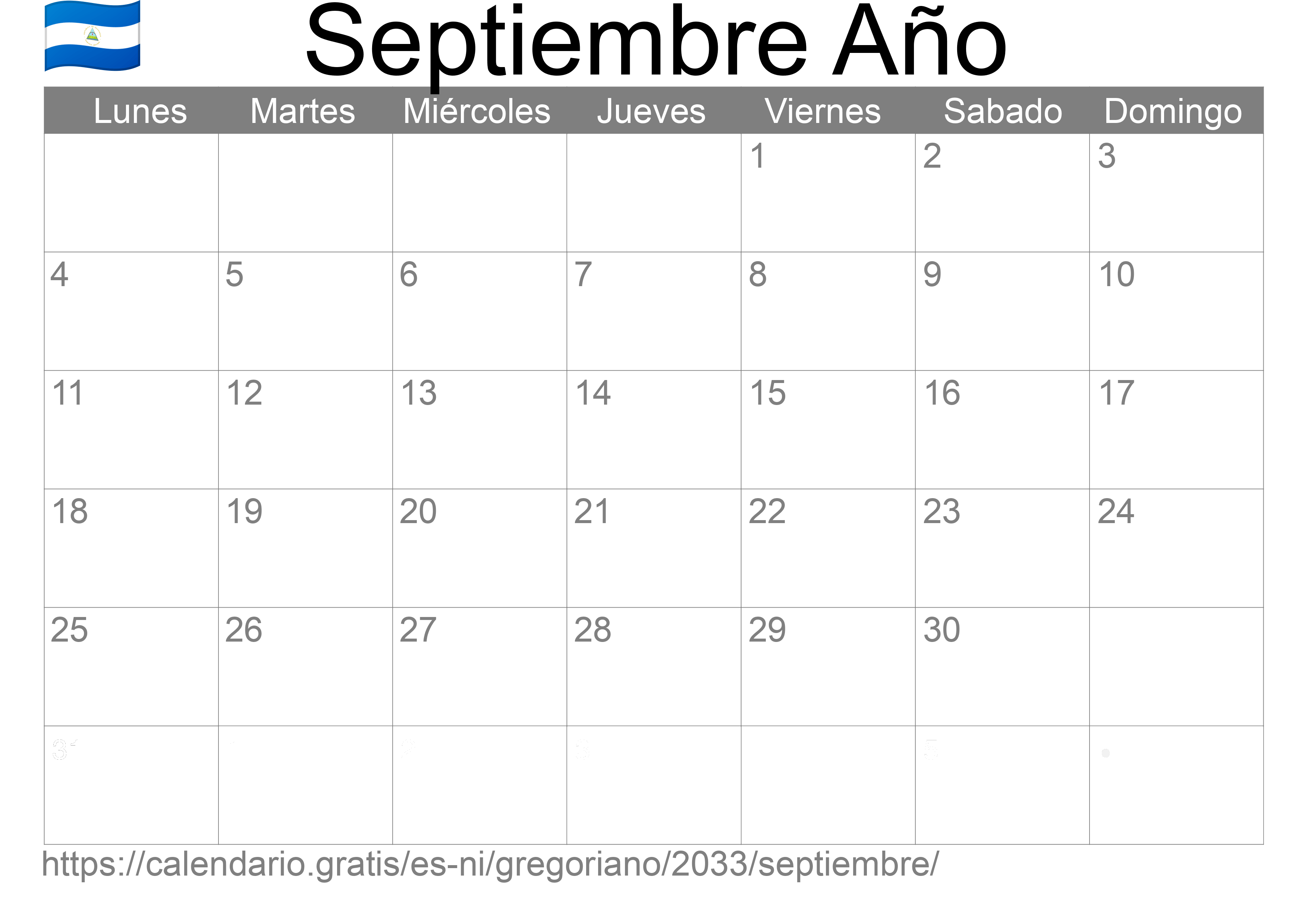 Calendario Septiembre 2033 para imprimir