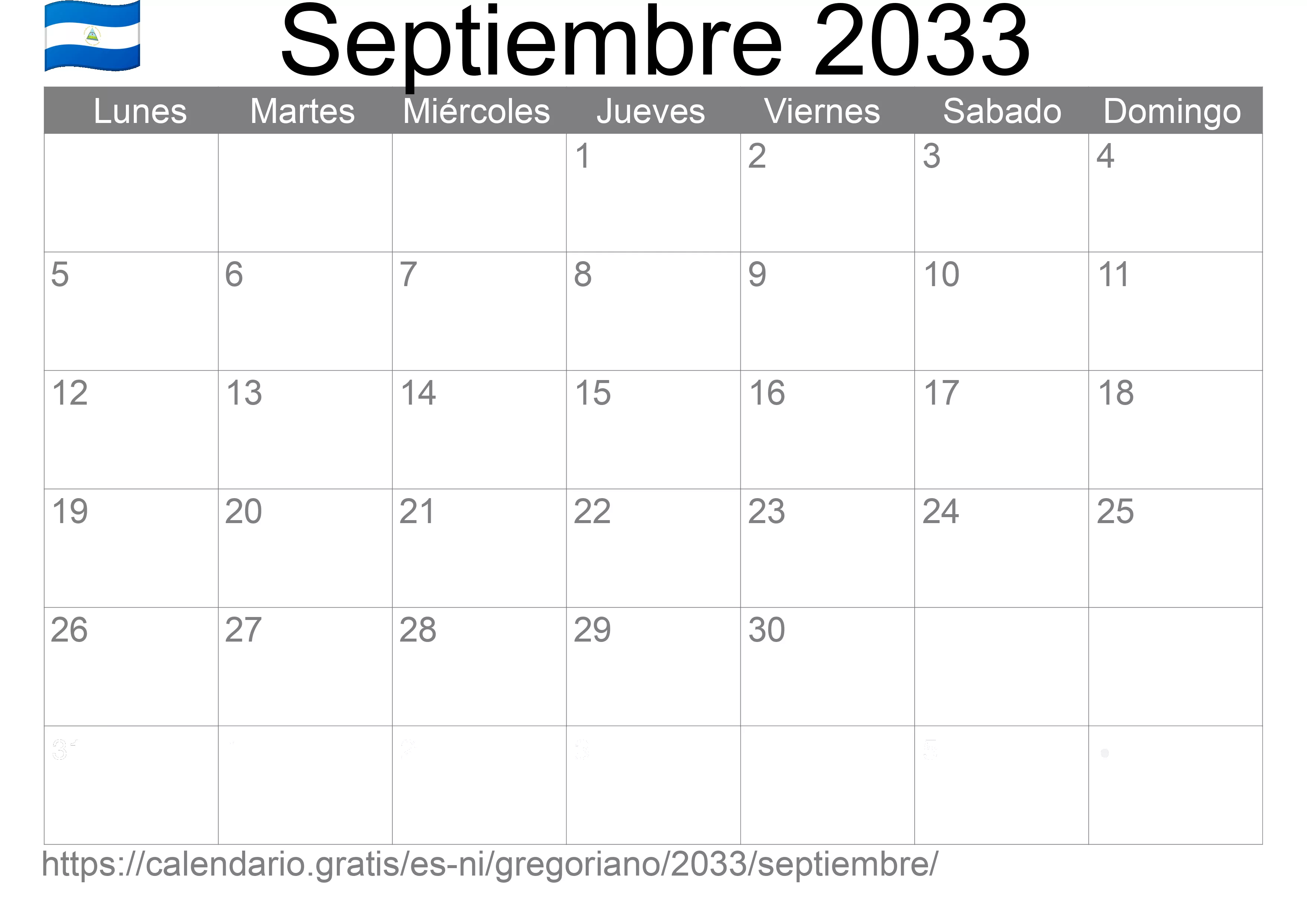 Calendario Septiembre 2033 para imprimir (Nicaragua)