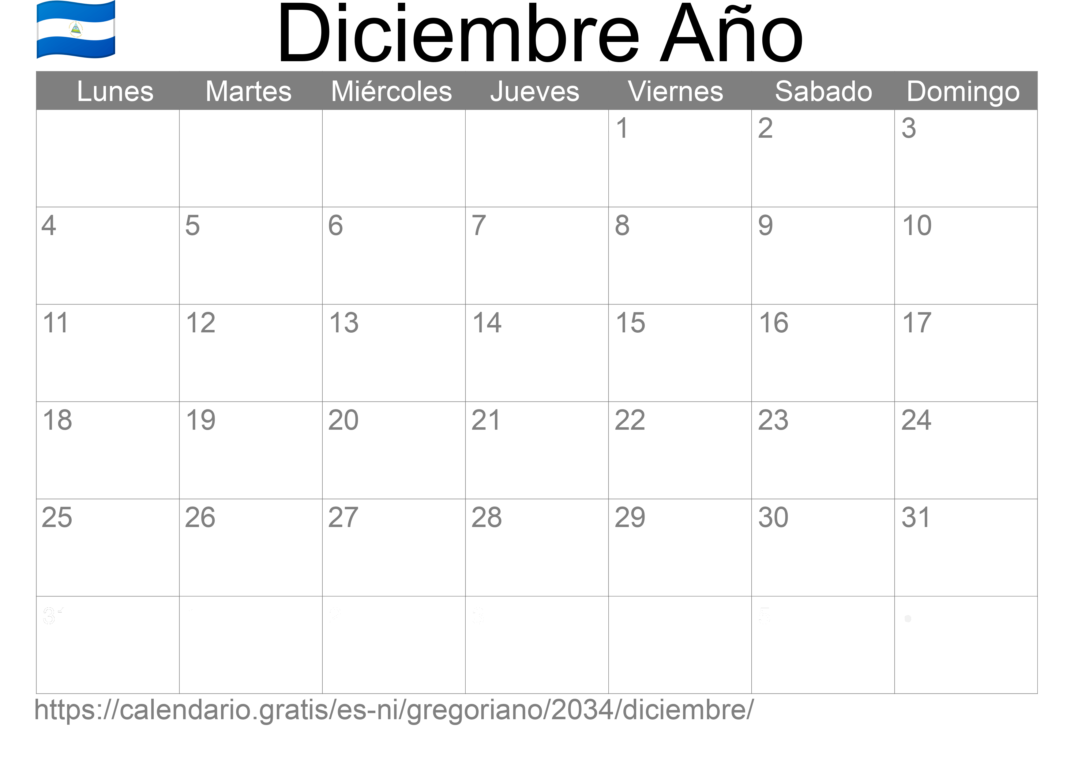 Calendario Diciembre 2034 para imprimir