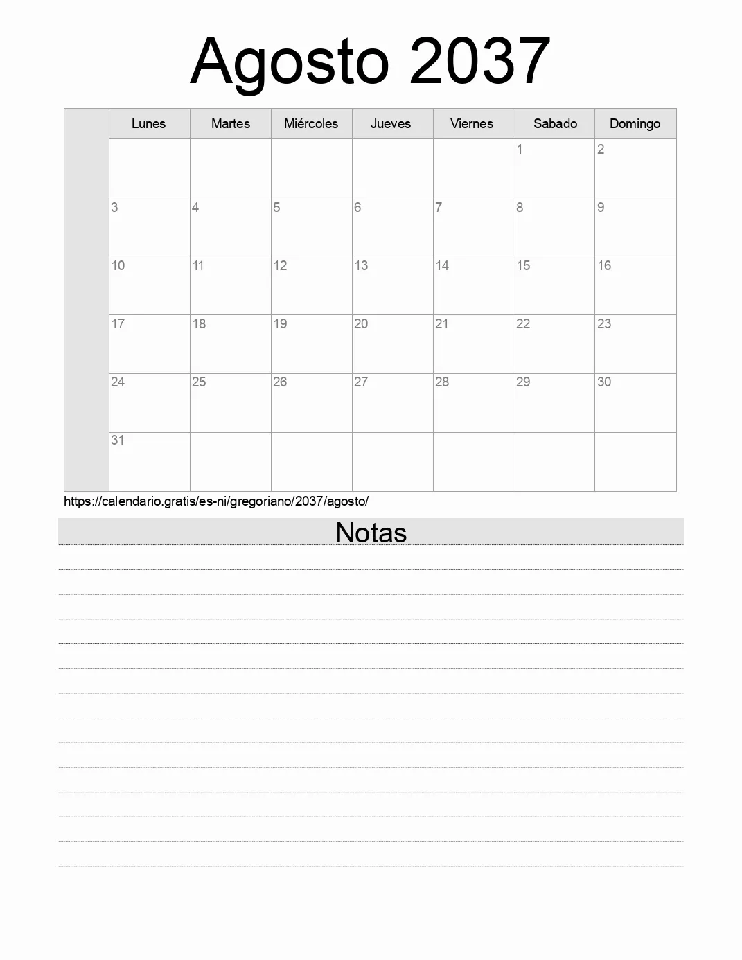 Calendario Agosto 2037 para imprimir con notas. (Nicaragua)