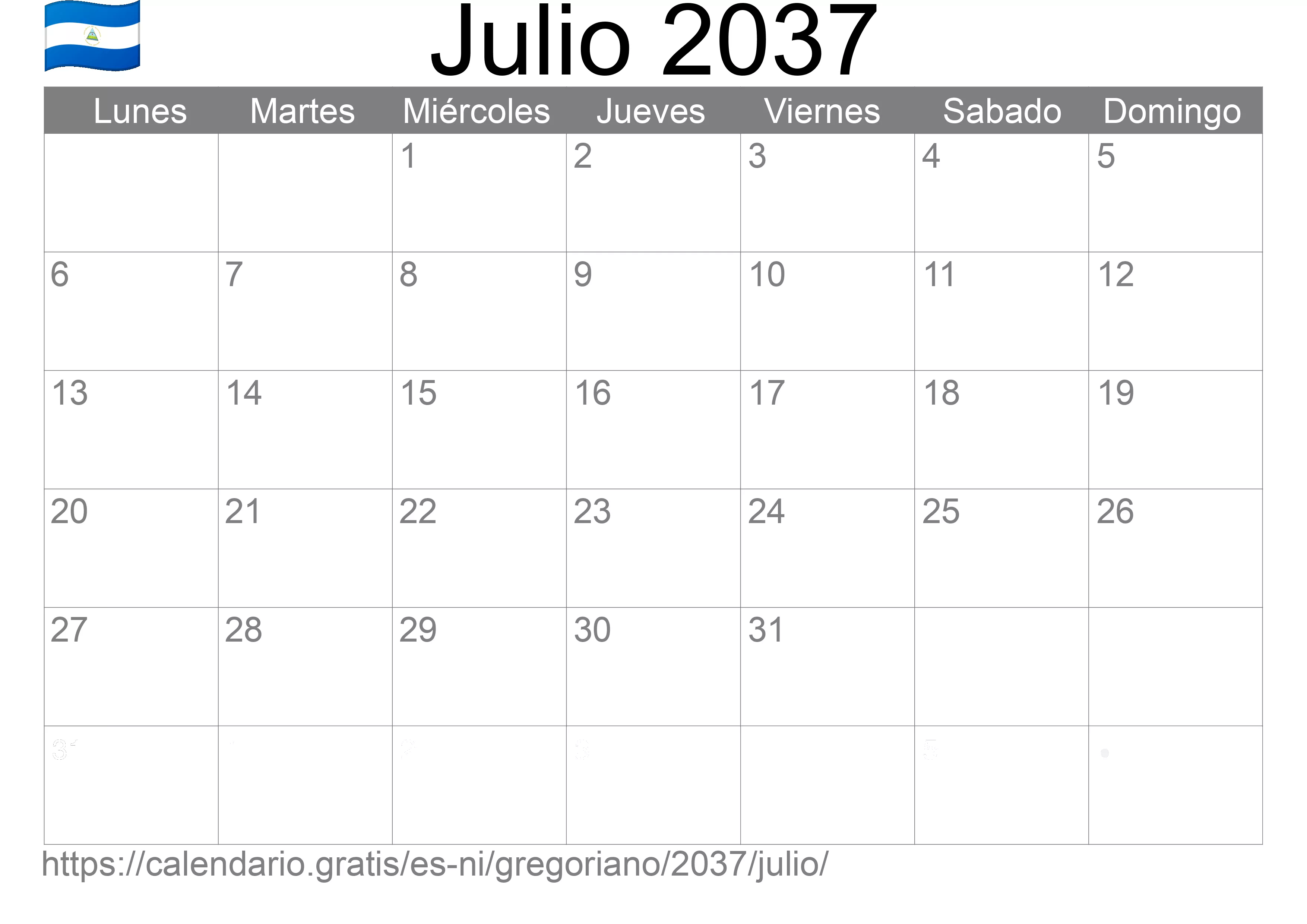 Calendario Julio 2037 para imprimir (Nicaragua)