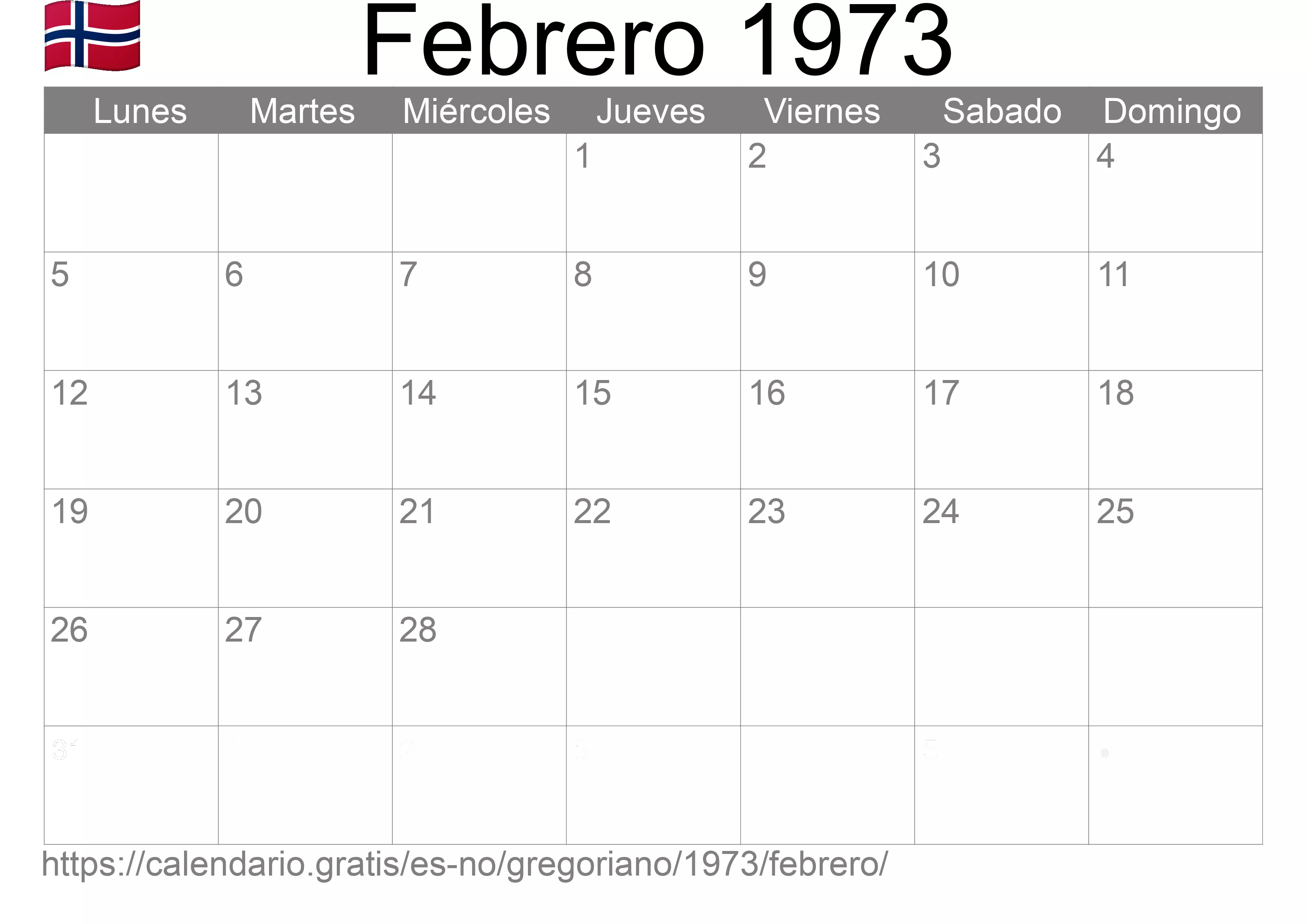 Calendario Febrero 1973 para imprimir (Noruega)