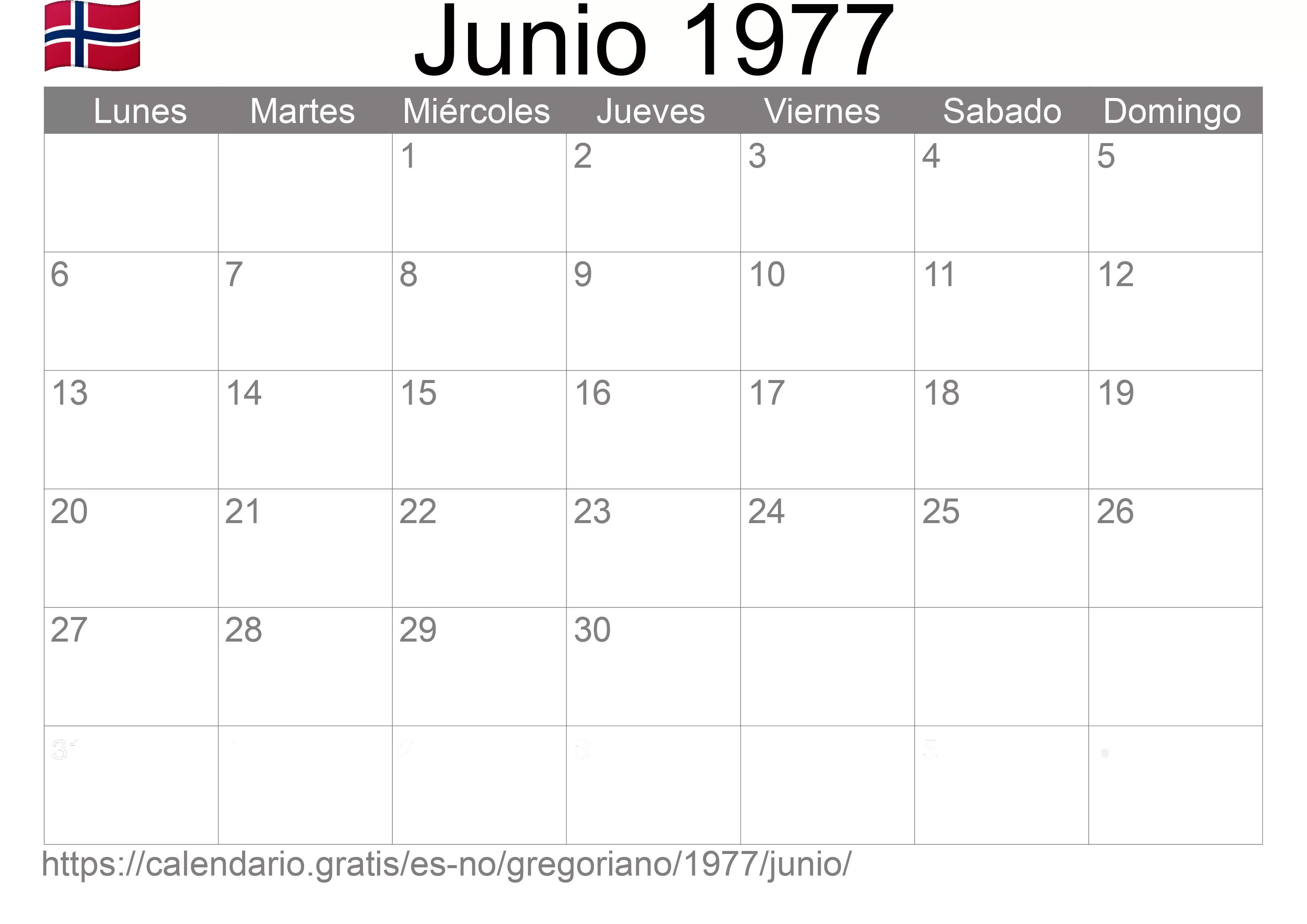 Calendario Junio 1977 para imprimir (Noruega)