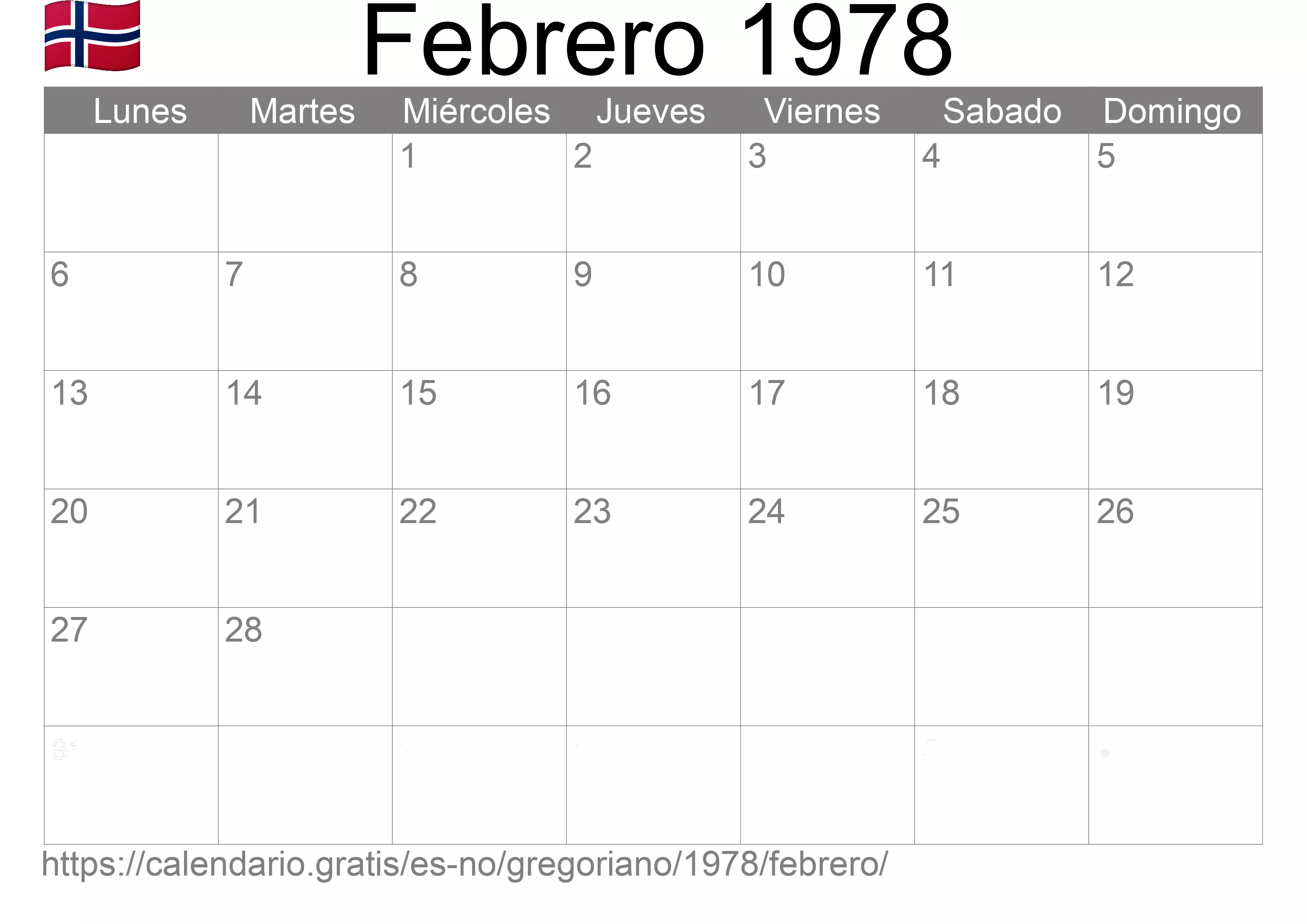 Calendario Febrero 1978 para imprimir (Noruega)