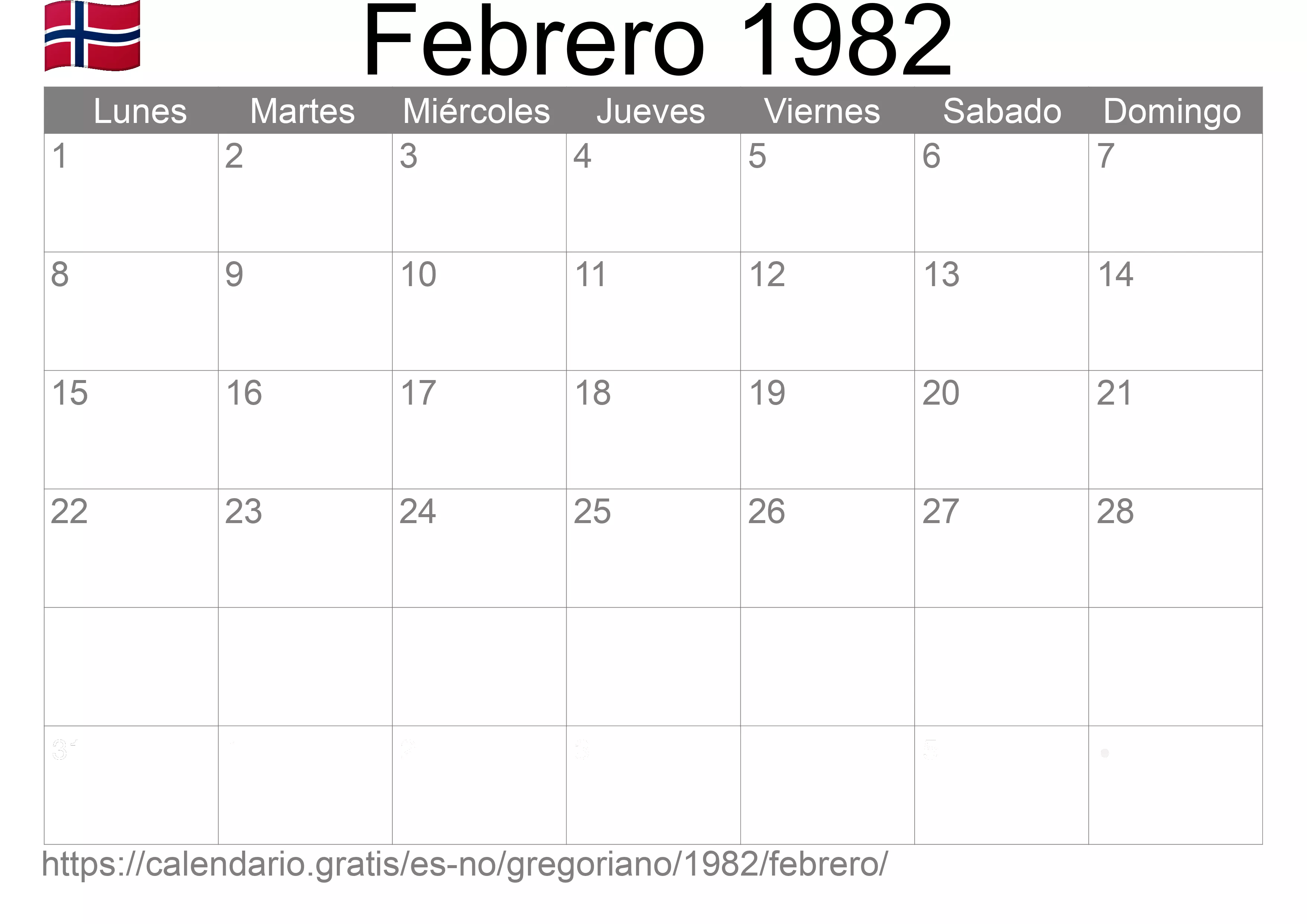 Calendario Febrero 1982 para imprimir (Noruega)