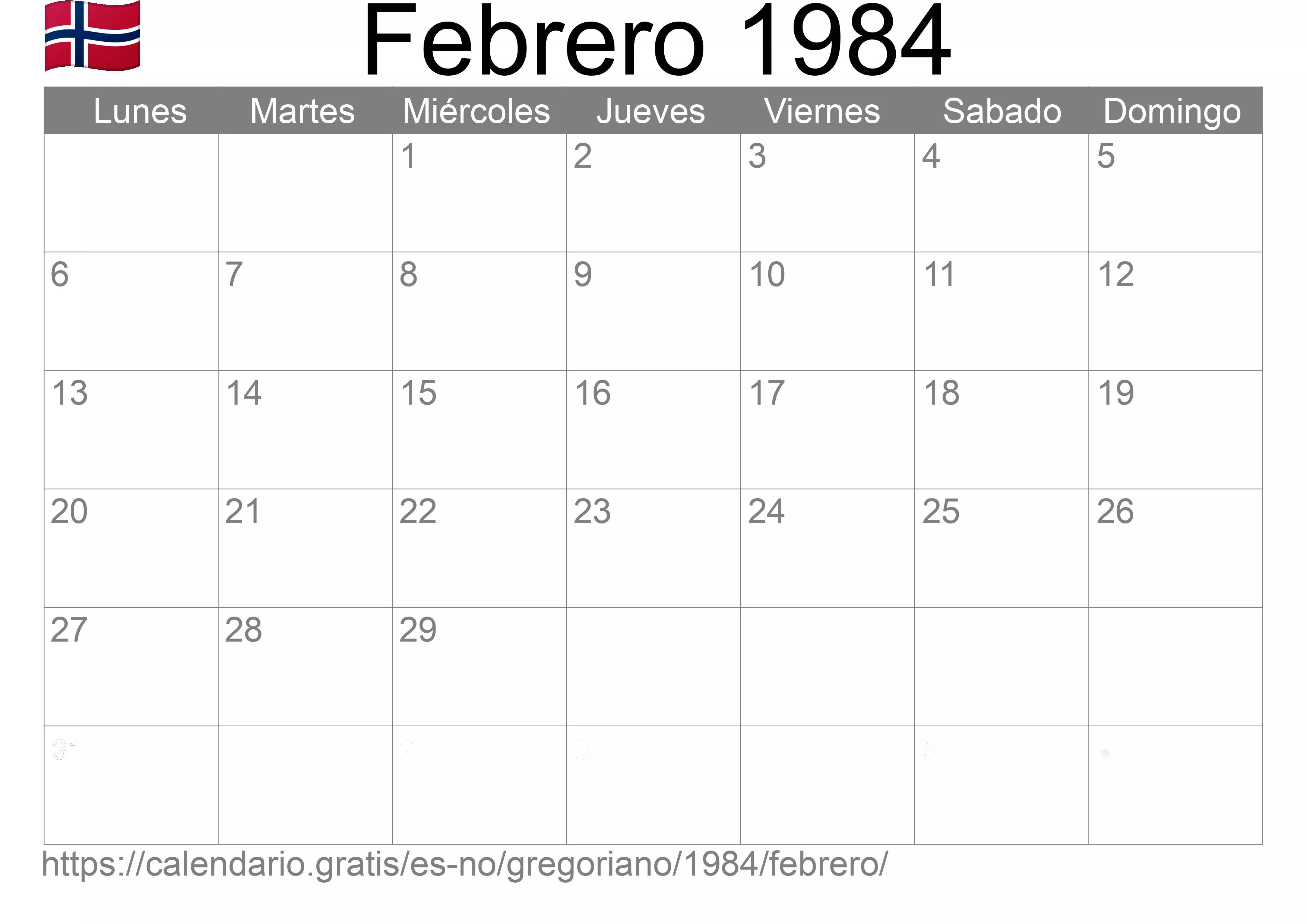 Calendario Febrero 1984 para imprimir (Noruega)