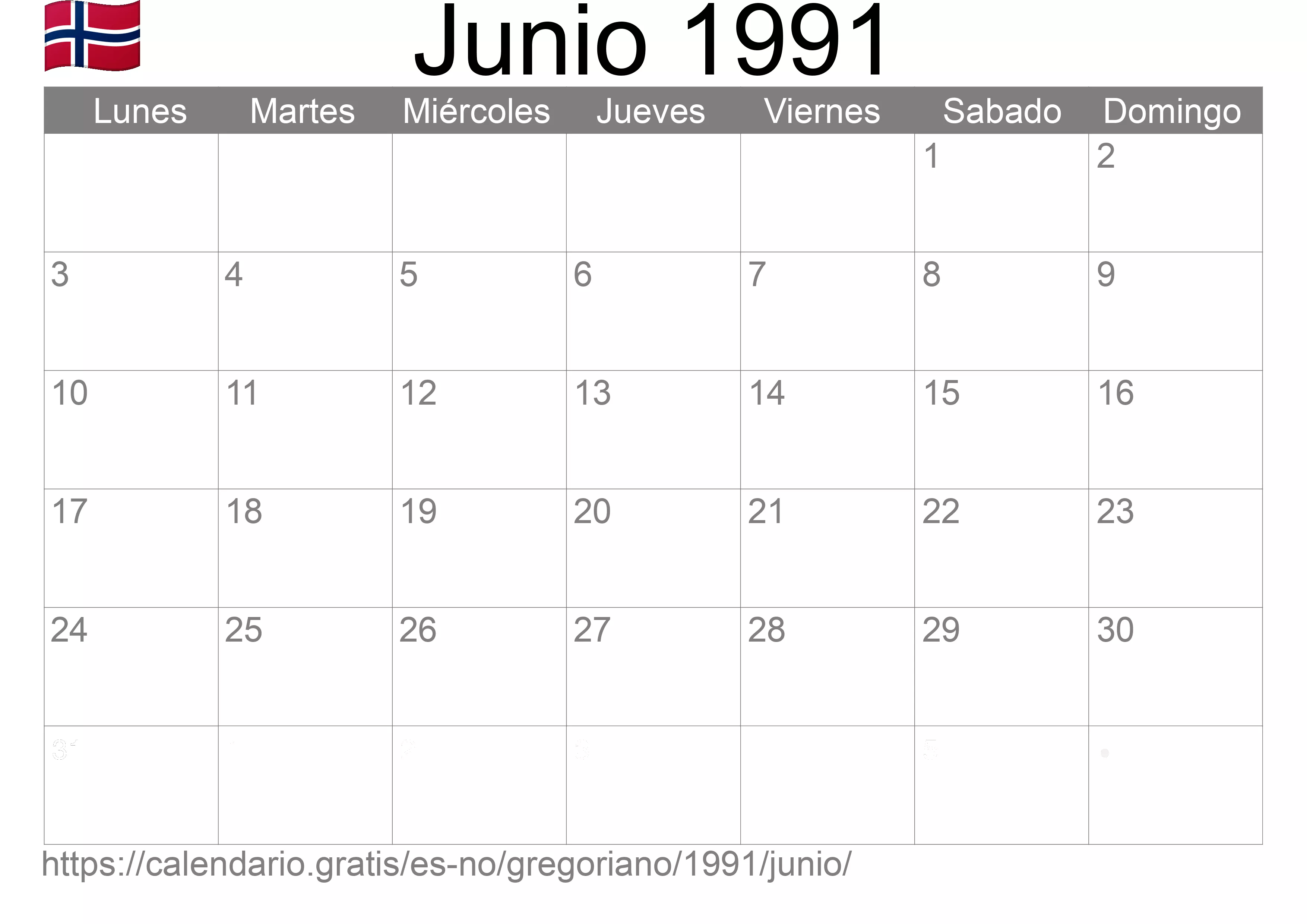 Calendario Junio 1991 para imprimir (Noruega)