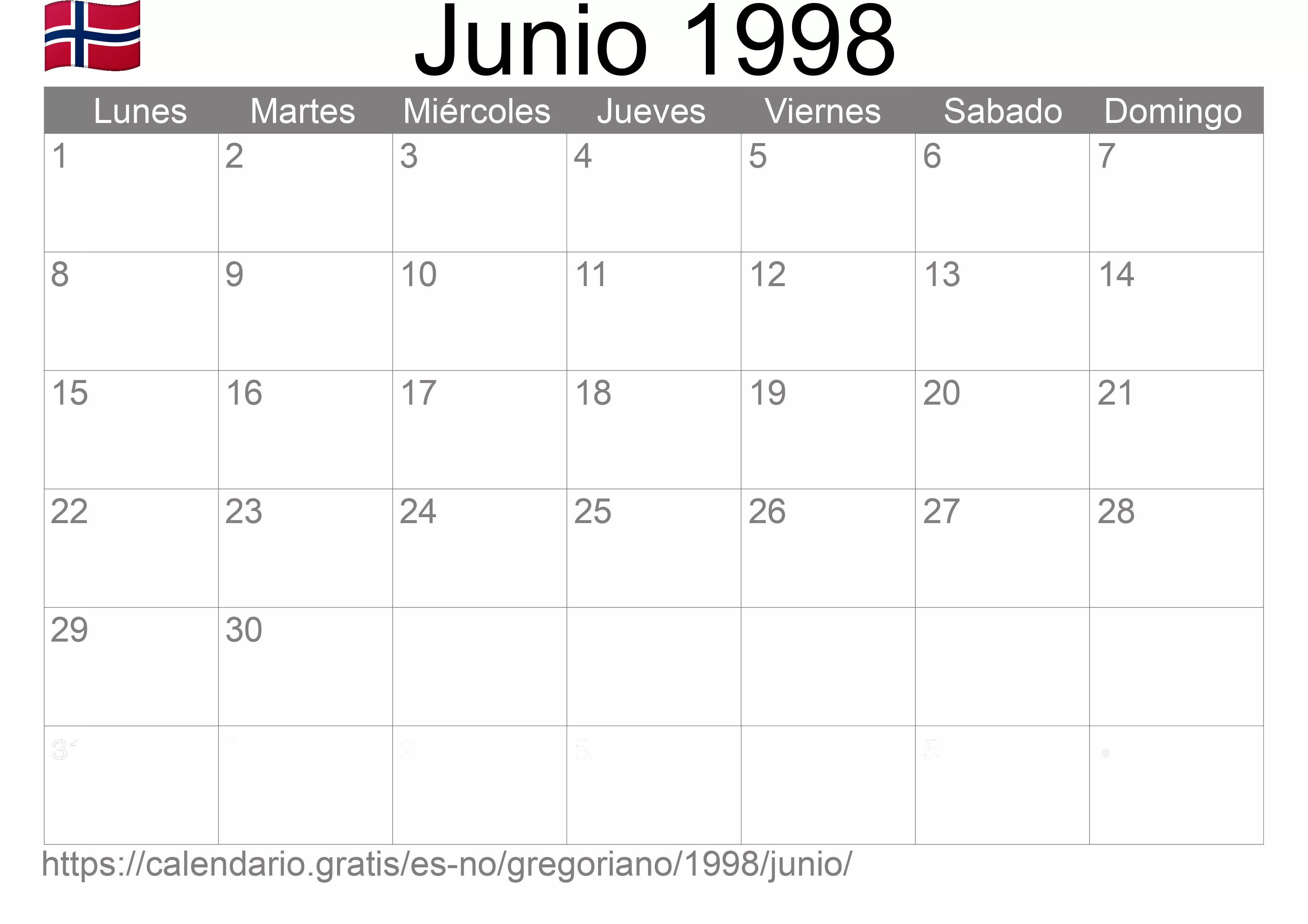 Calendario Junio 1998 para imprimir (Noruega)