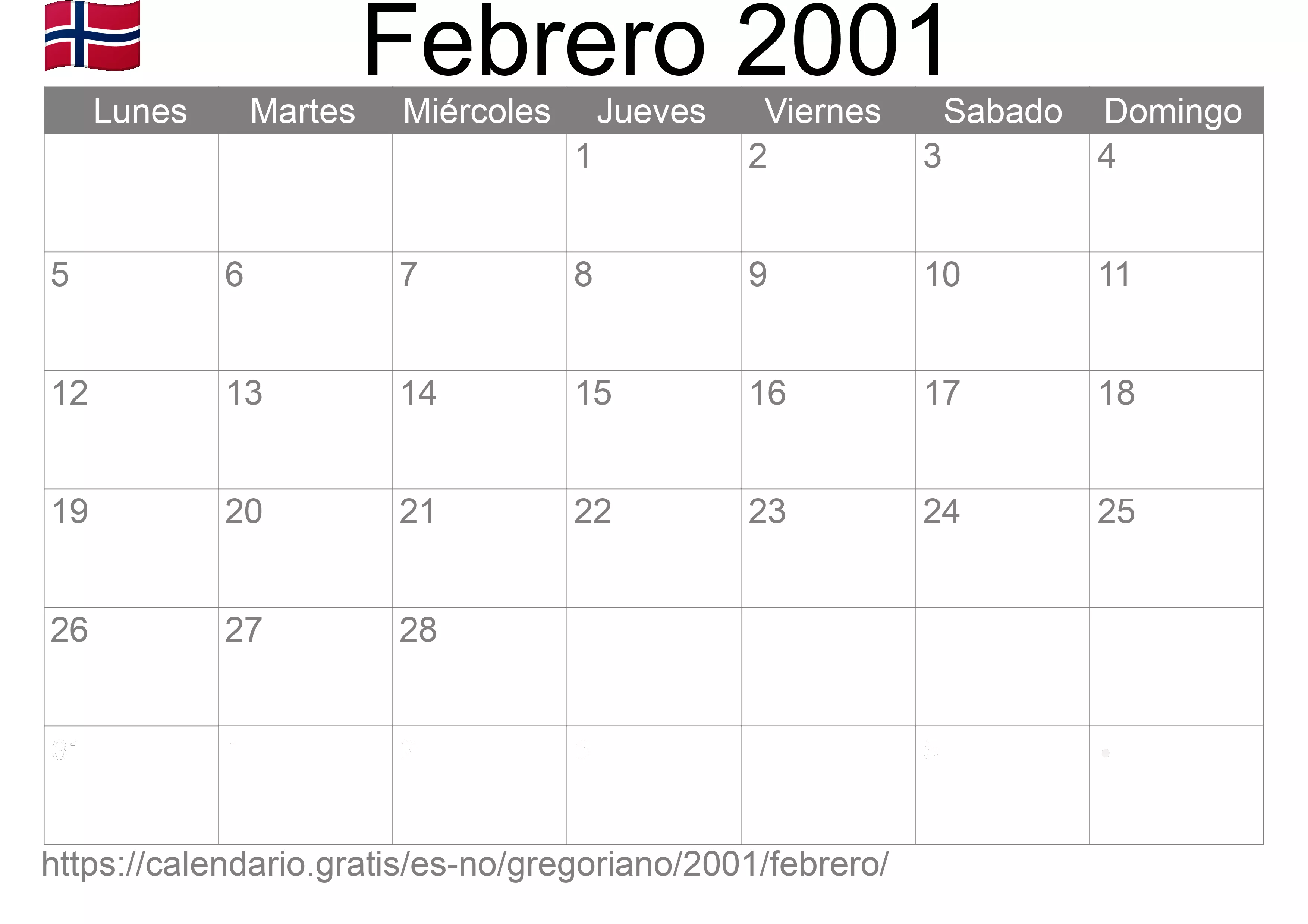 Calendario Febrero 2001 para imprimir (Noruega)