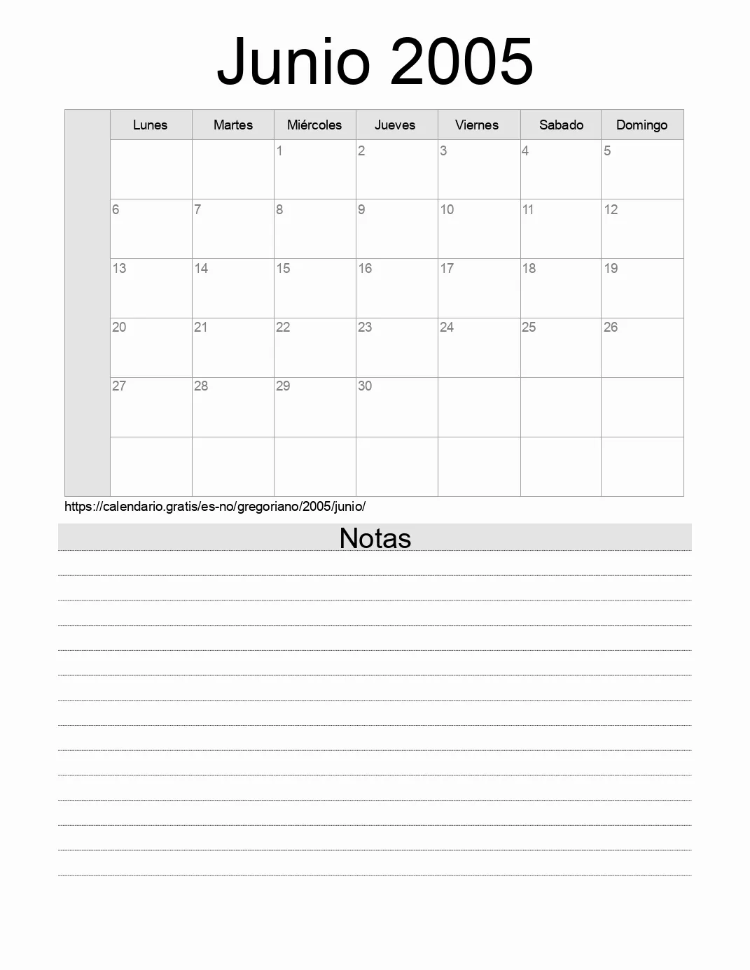 Calendario Junio 2005 para imprimir con notas. (Noruega)