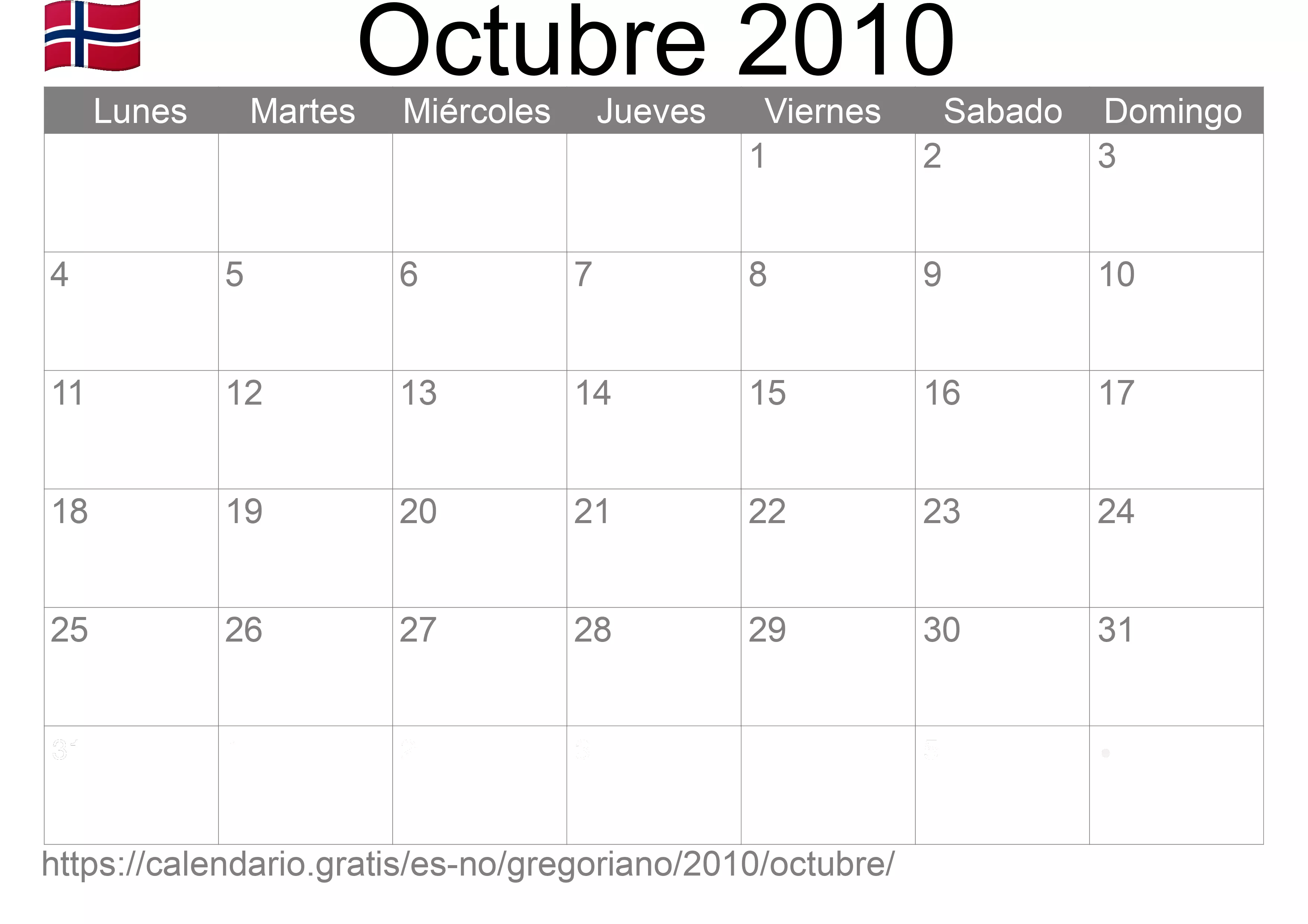 Calendario Octubre 2010 para imprimir (Noruega)