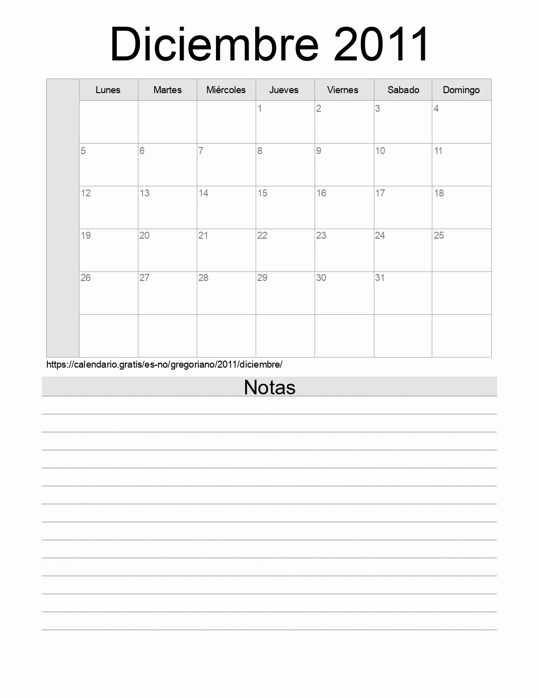 Calendario Diciembre 2011 para imprimir con notas. (Noruega)