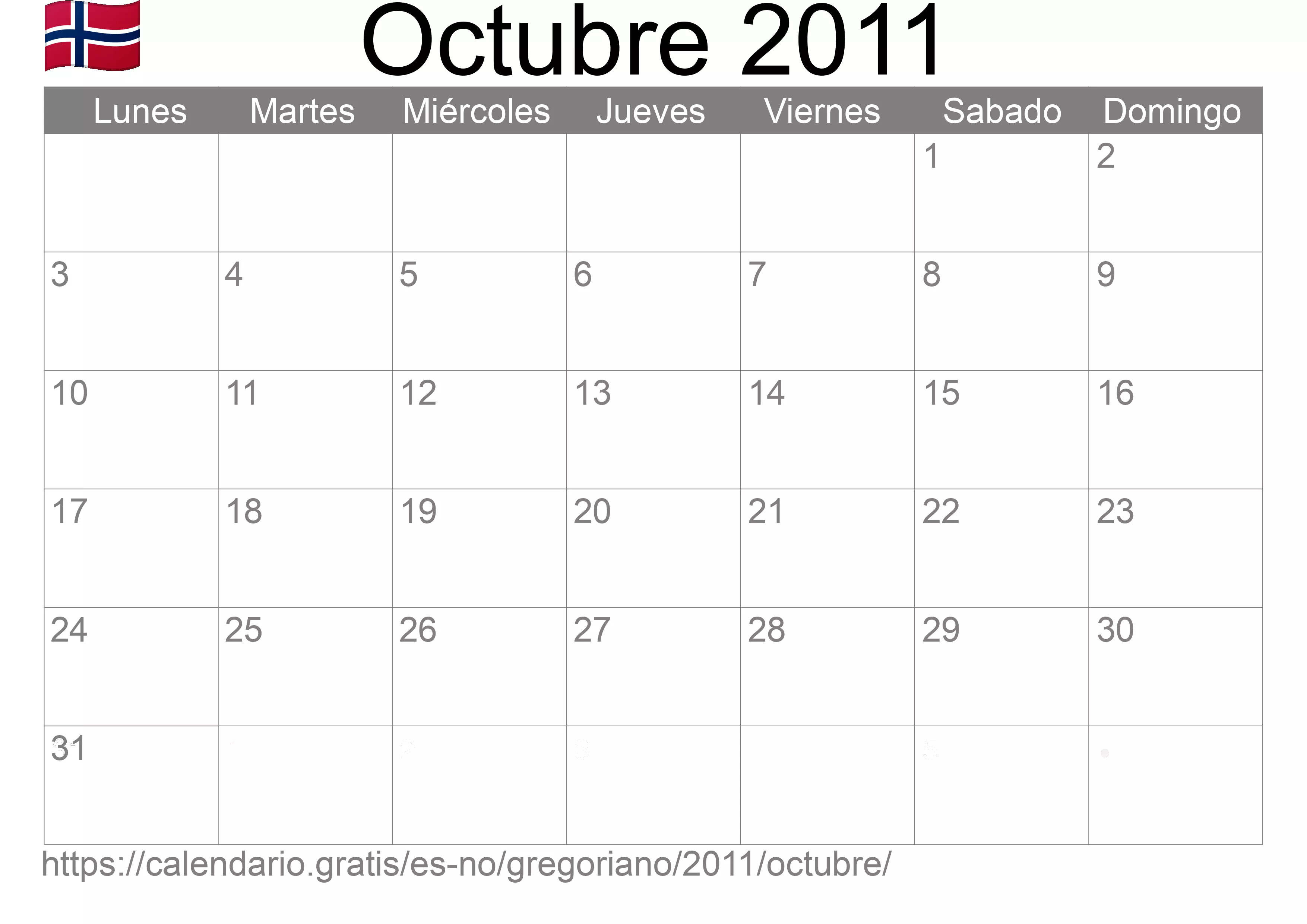 Calendario Octubre 2011 para imprimir (Noruega)