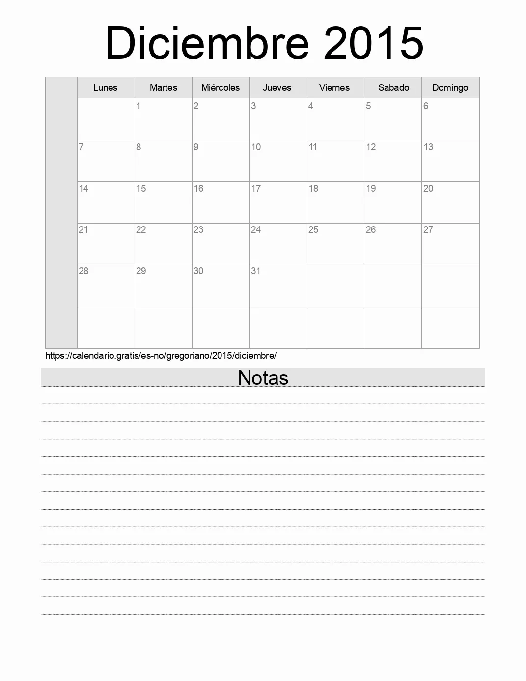 Calendario Diciembre 2015 para imprimir con notas. (Noruega)