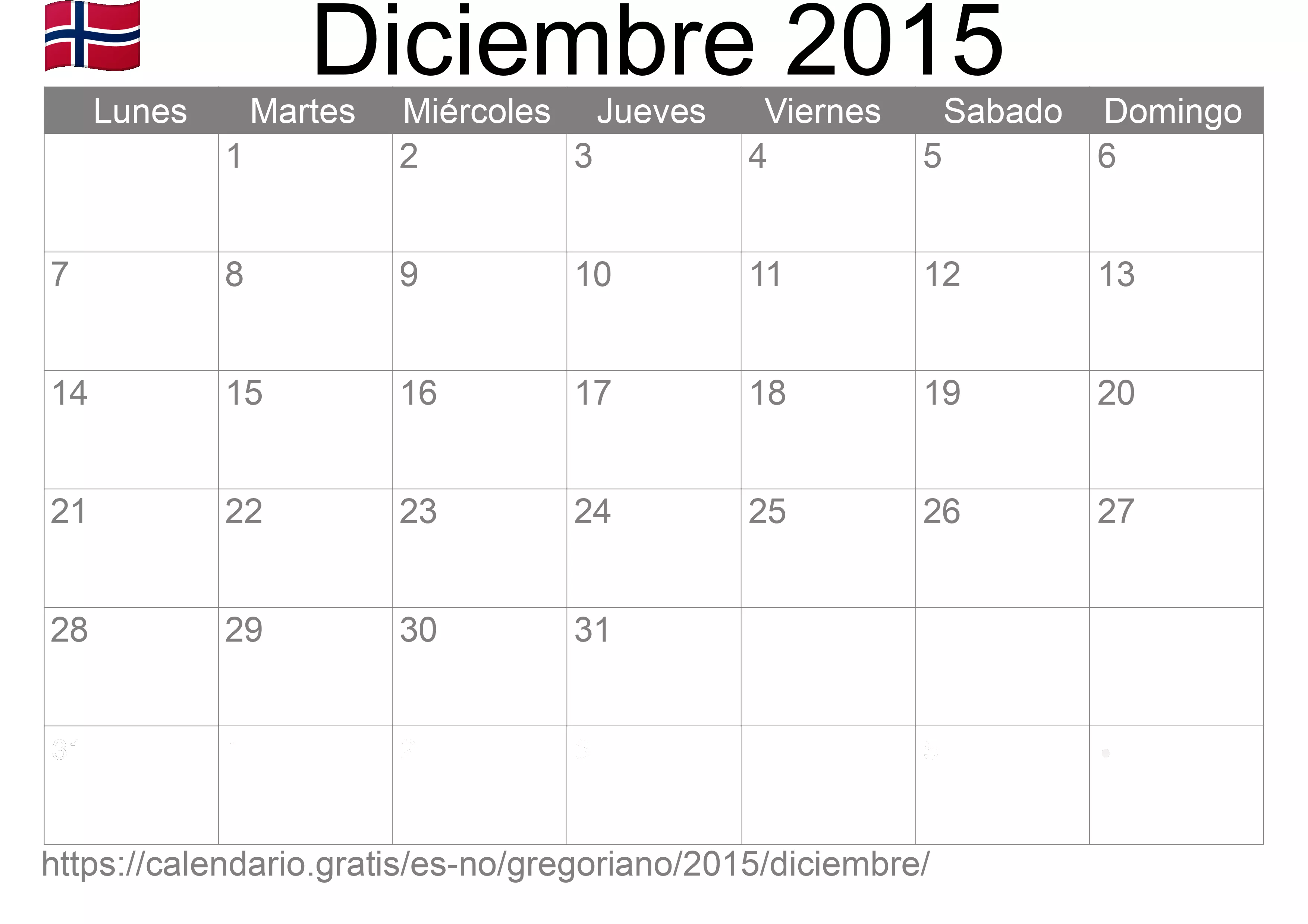 Calendario Diciembre 2015 para imprimir (Noruega)