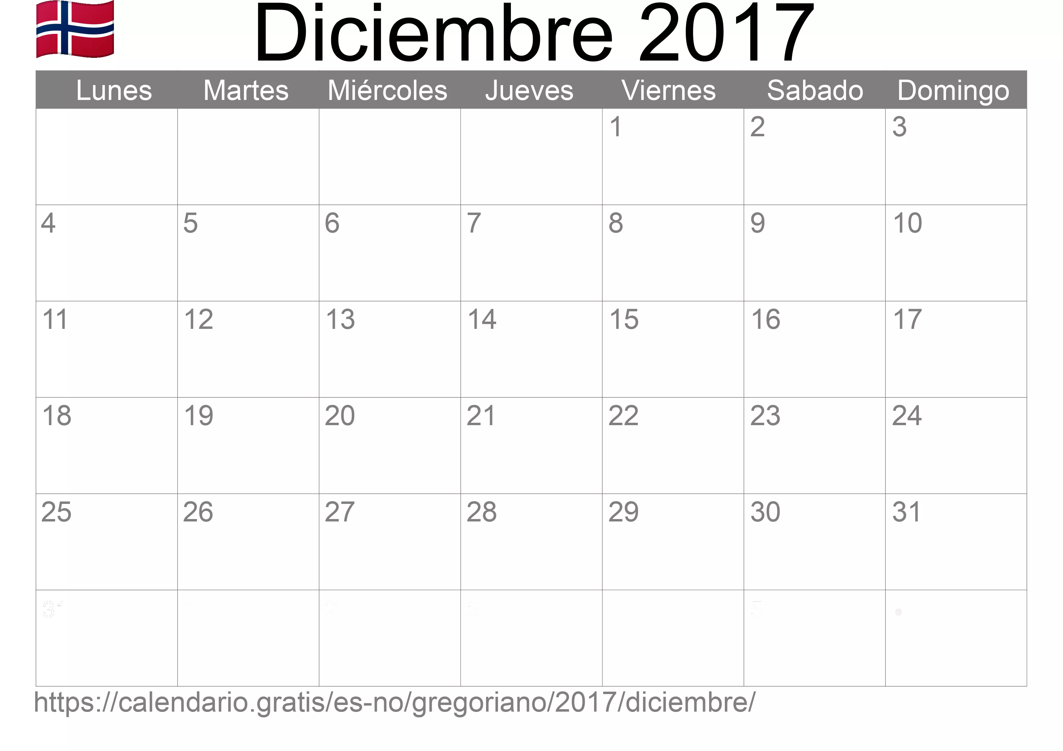 Calendario Diciembre 2017 para imprimir (Noruega)