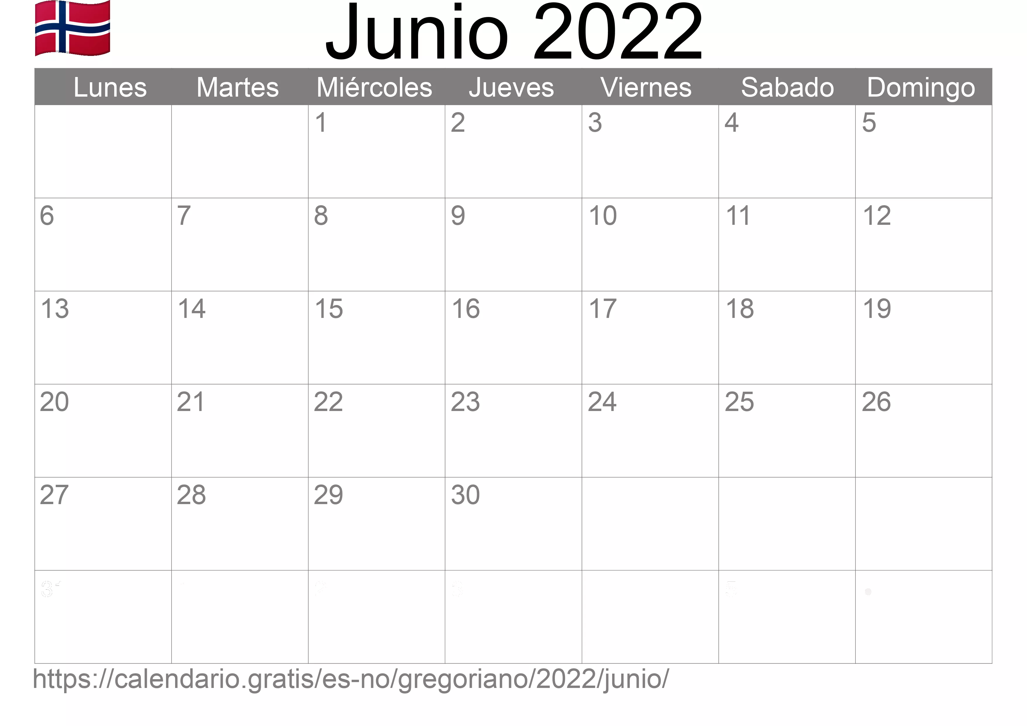 Calendario Junio 2022 para imprimir (Noruega)