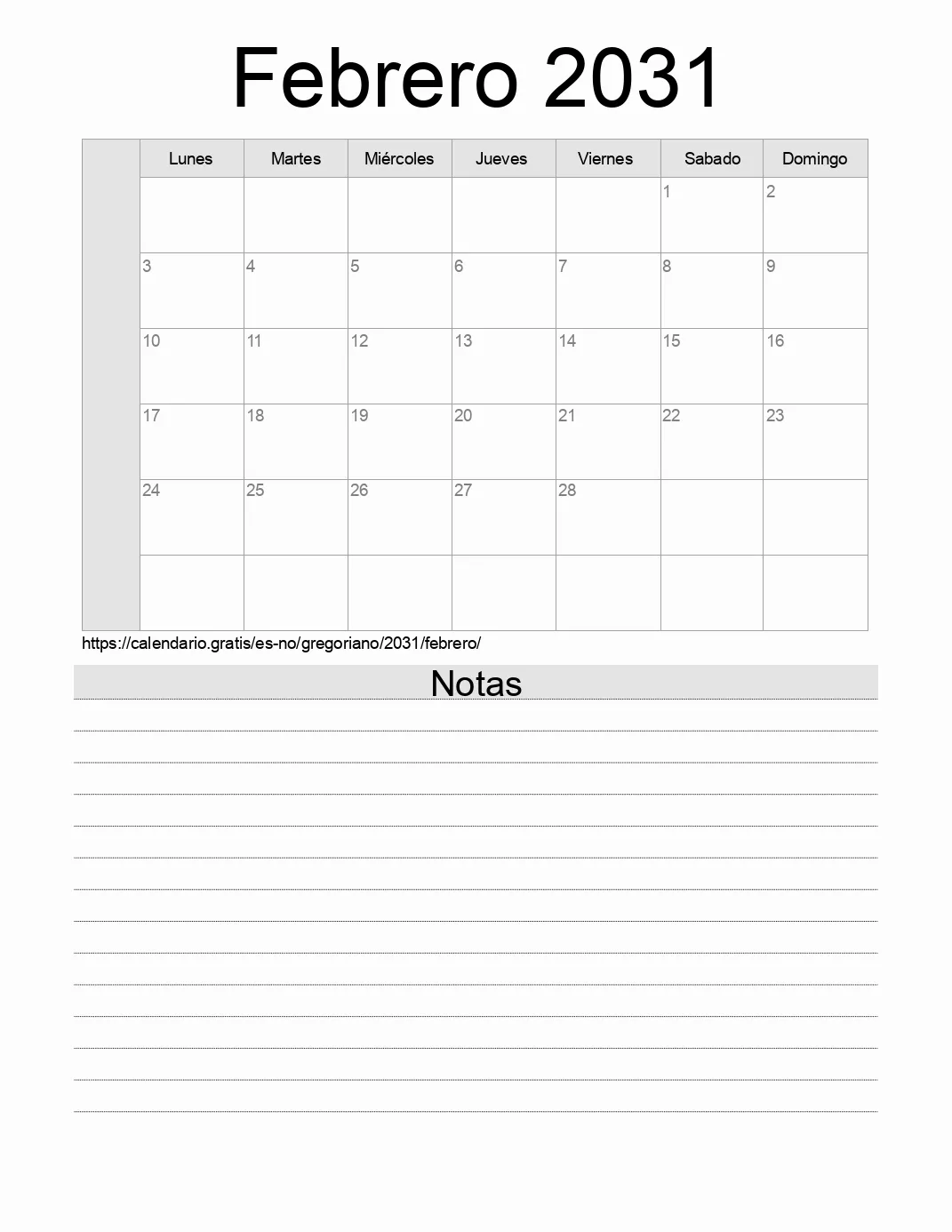 Calendario Febrero 2031 para imprimir con notas. (Noruega)