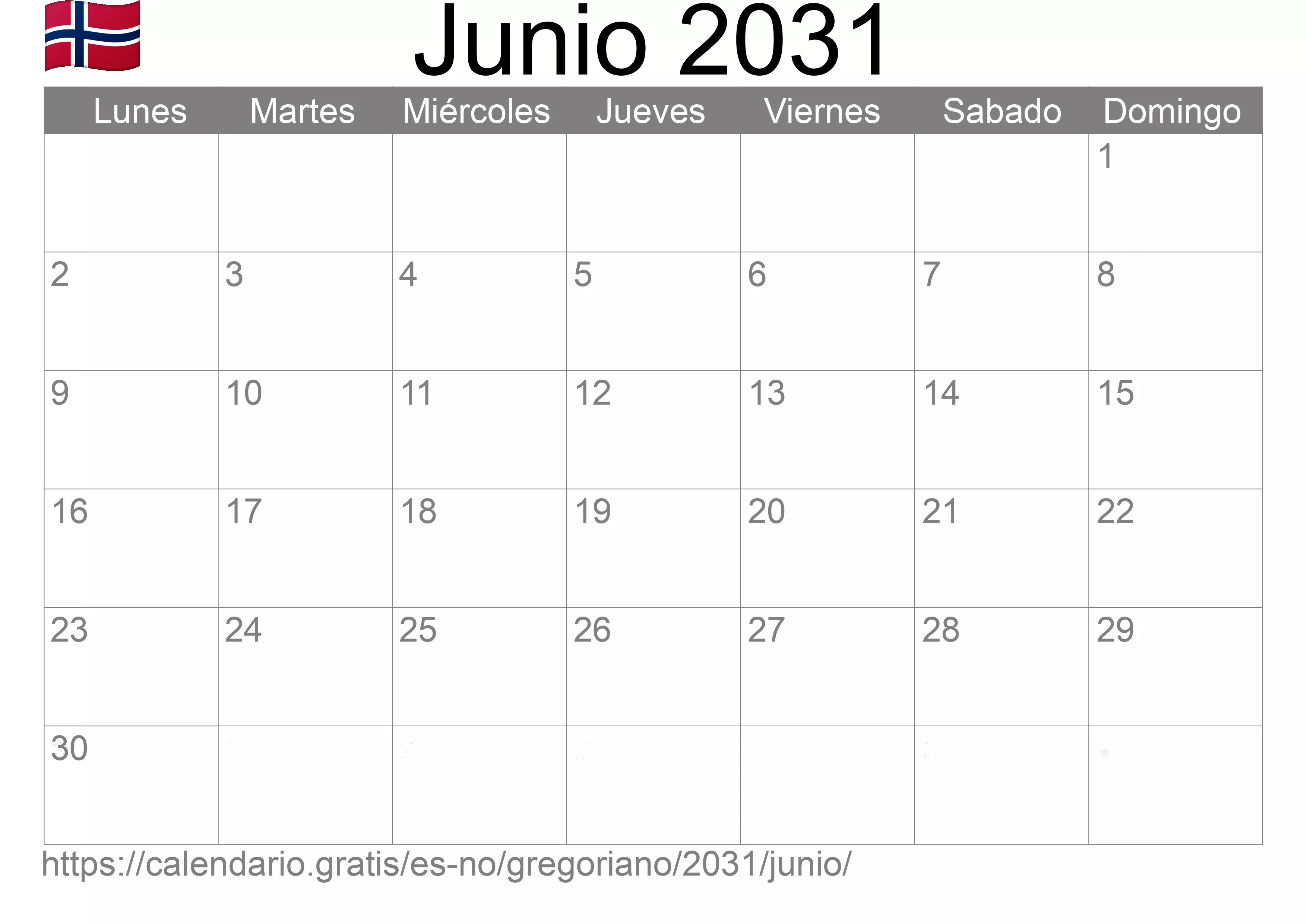 Calendario Junio 2031 para imprimir (Noruega)