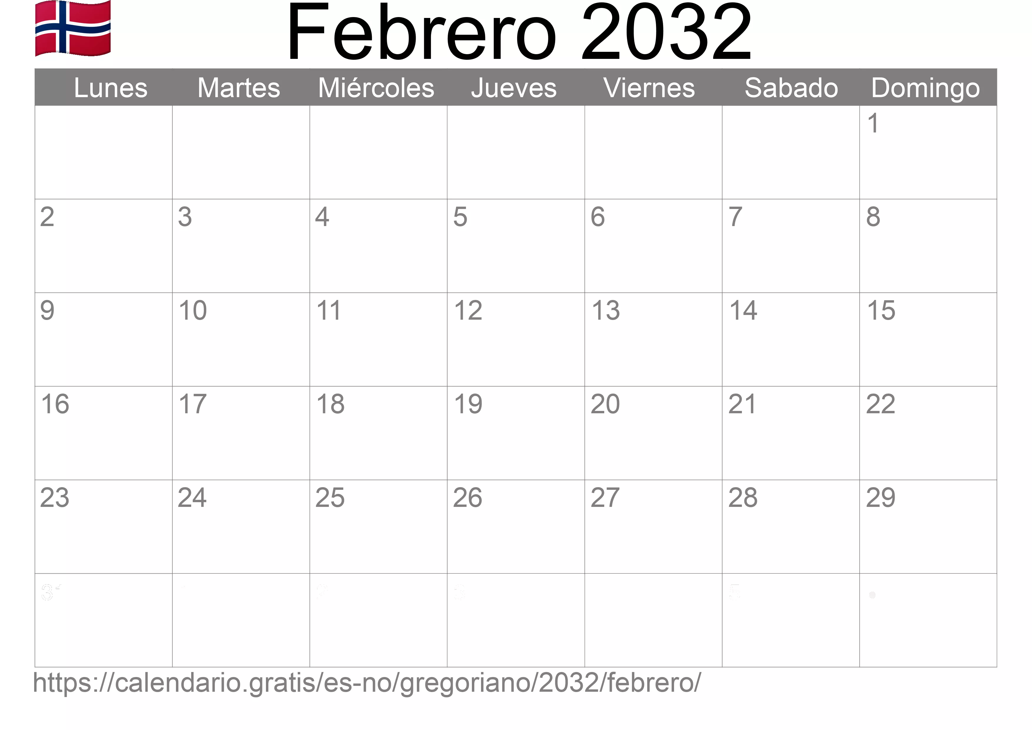 Calendario Febrero 2032 para imprimir (Noruega)