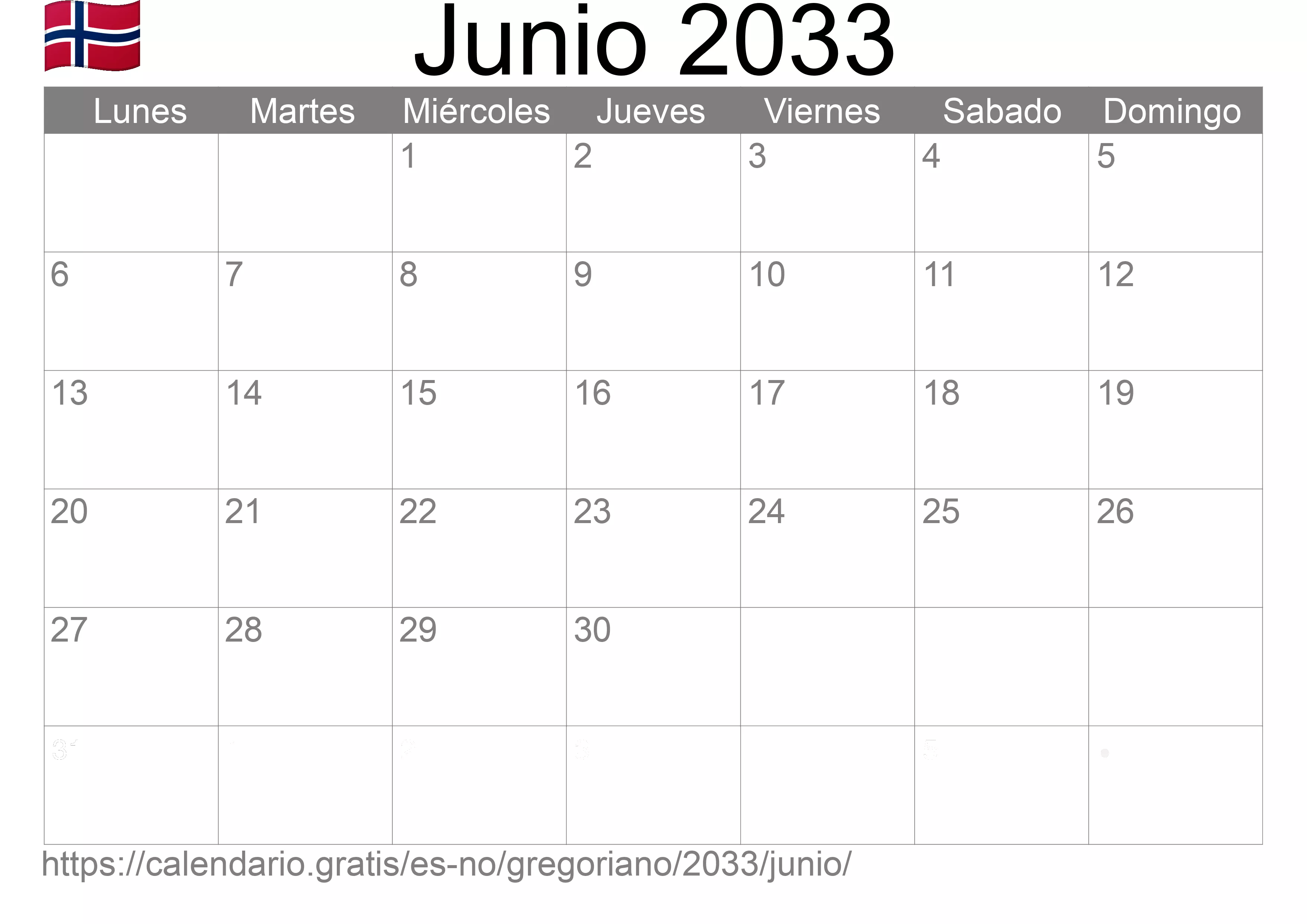 Calendario Junio 2033 para imprimir (Noruega)