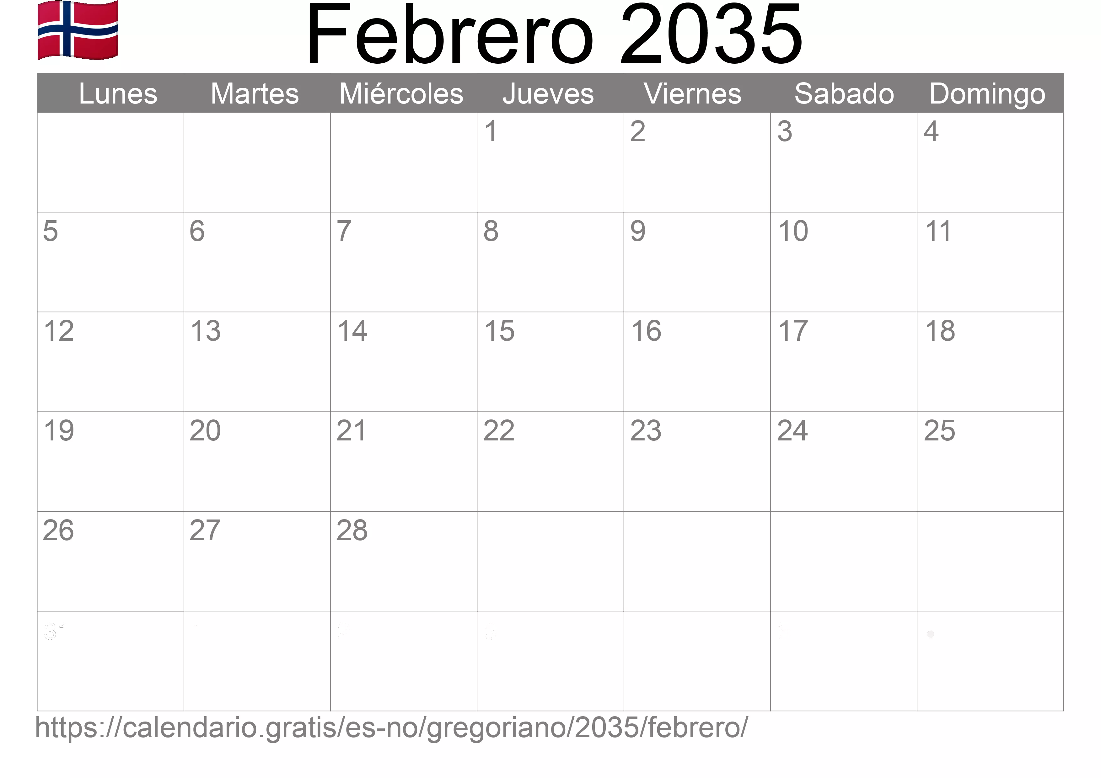 Calendario Febrero 2035 para imprimir (Noruega)