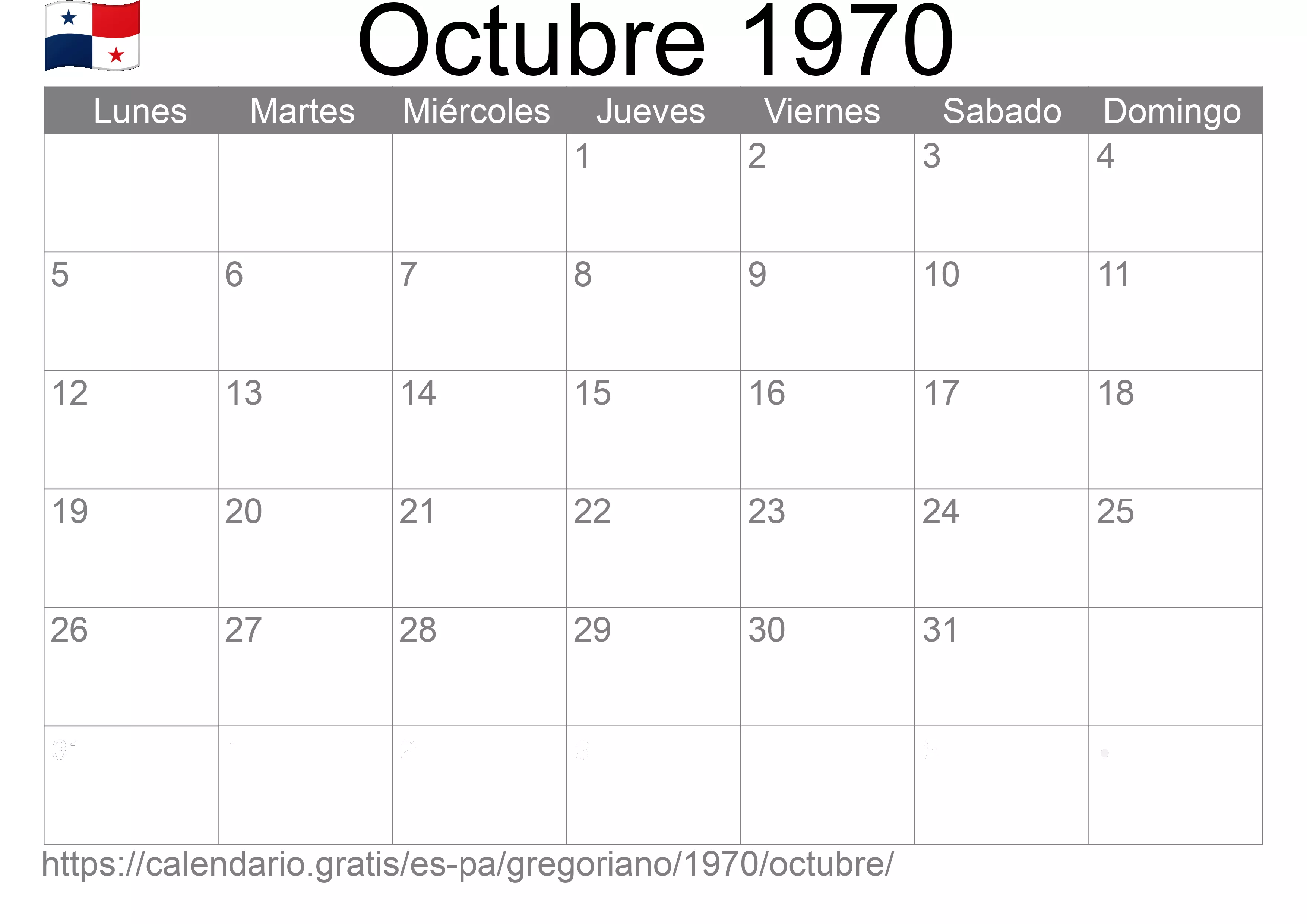 Calendario Octubre 1970 para imprimir (Panamá)