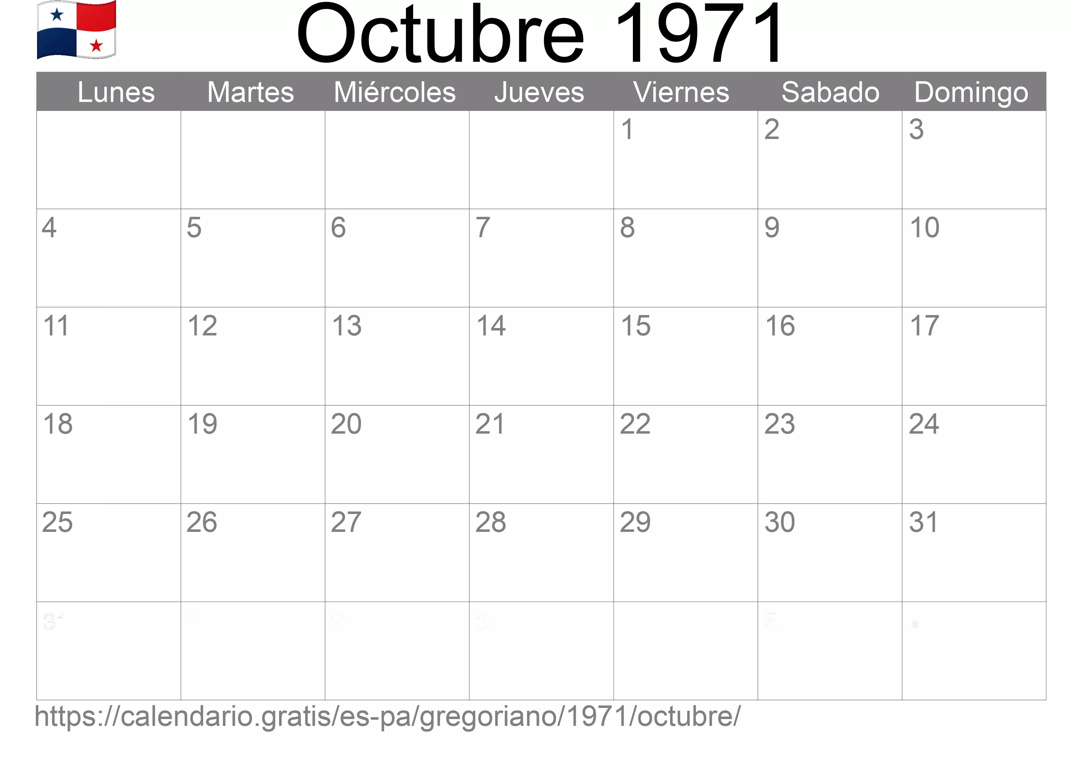 Calendario Octubre 1971 para imprimir (Panamá)