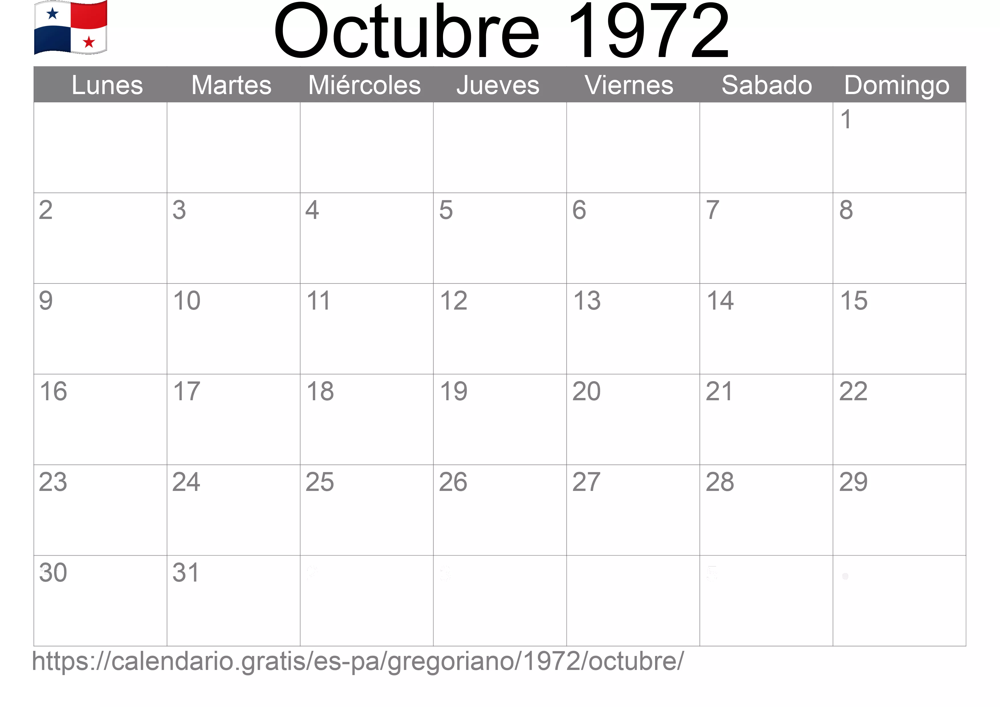 Calendario Octubre 1972 para imprimir (Panamá)