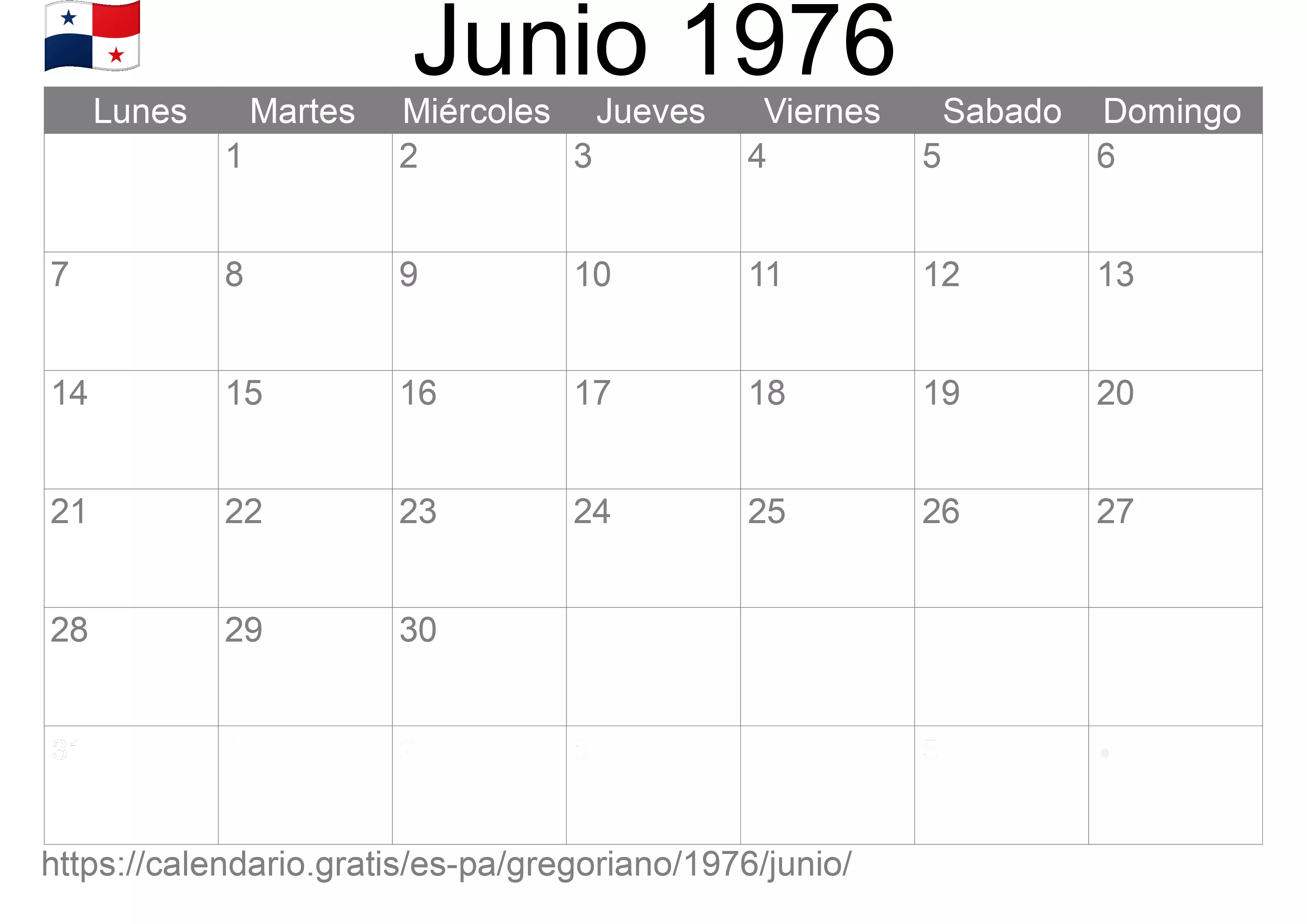 Calendario Junio 1976 para imprimir (Panamá)