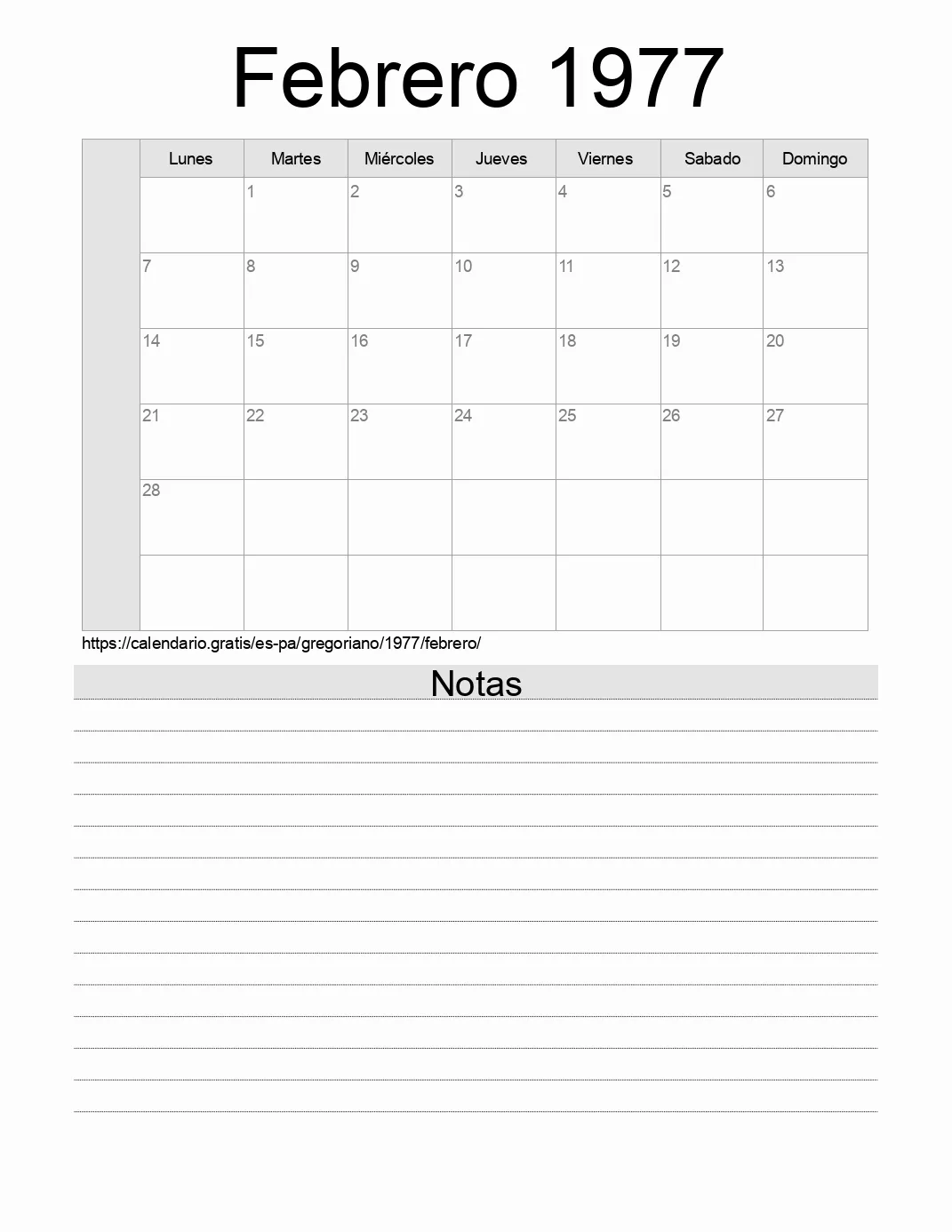 Calendario Febrero 1977 para imprimir con notas. (Panamá)