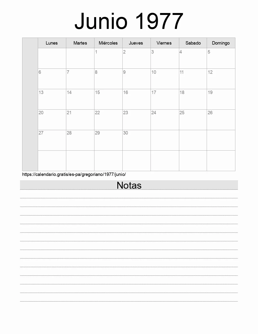 Calendario Junio 1977 para imprimir con notas. (Panamá)