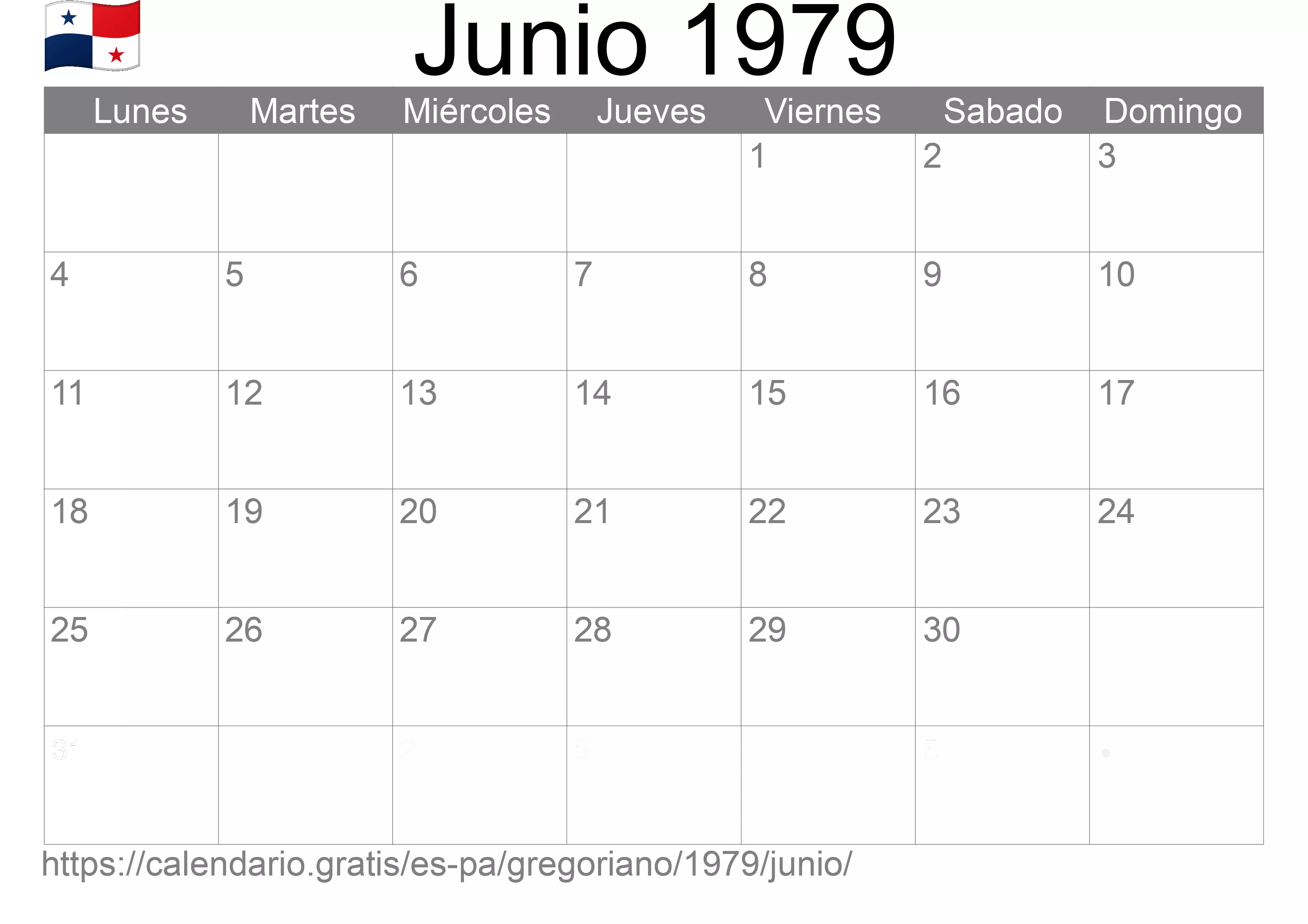 Calendario Junio 1979 para imprimir (Panamá)