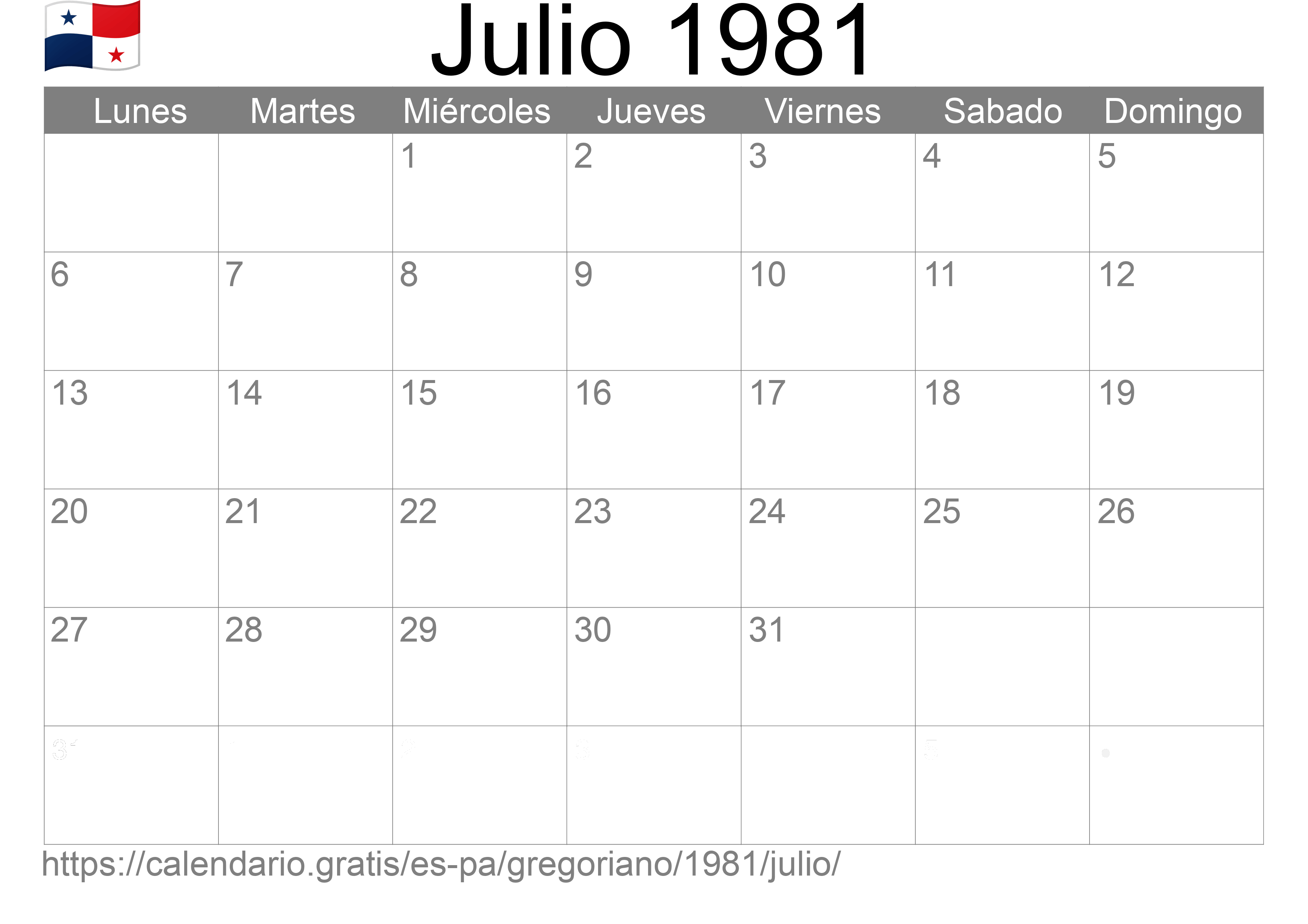 Calendario Julio 1981 para imprimir